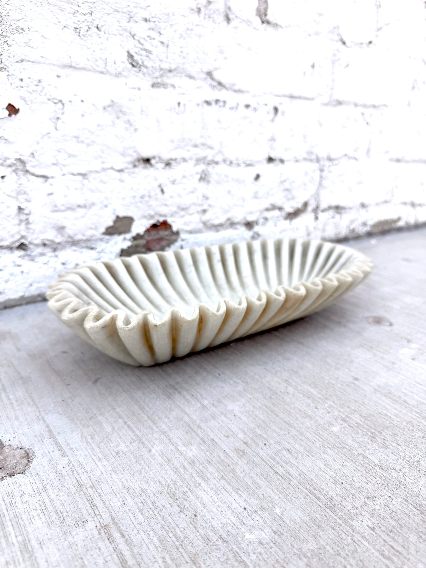 White Oblong Marble Ruffle Bowl