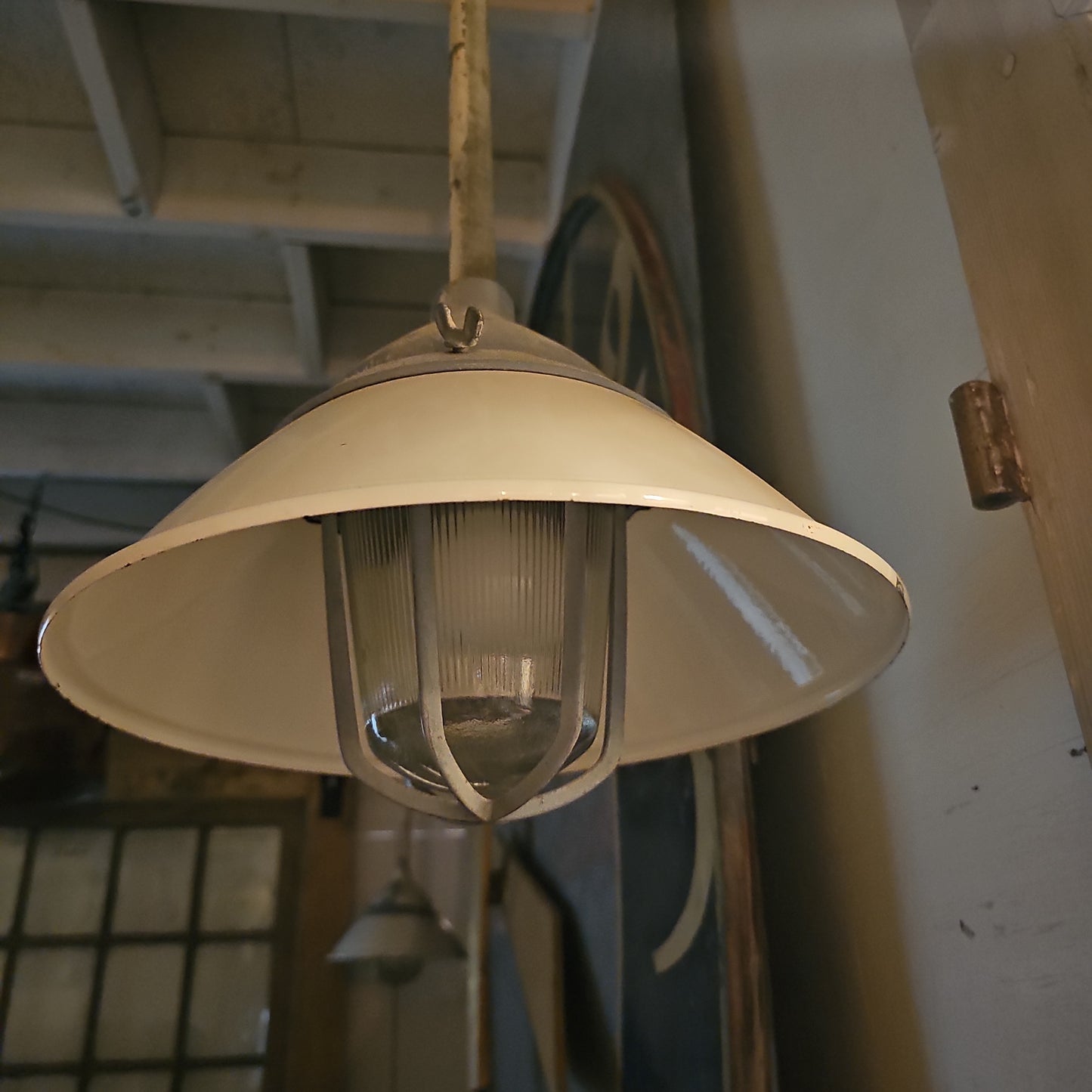White Enamel Pendant Light with Galvanized Cage