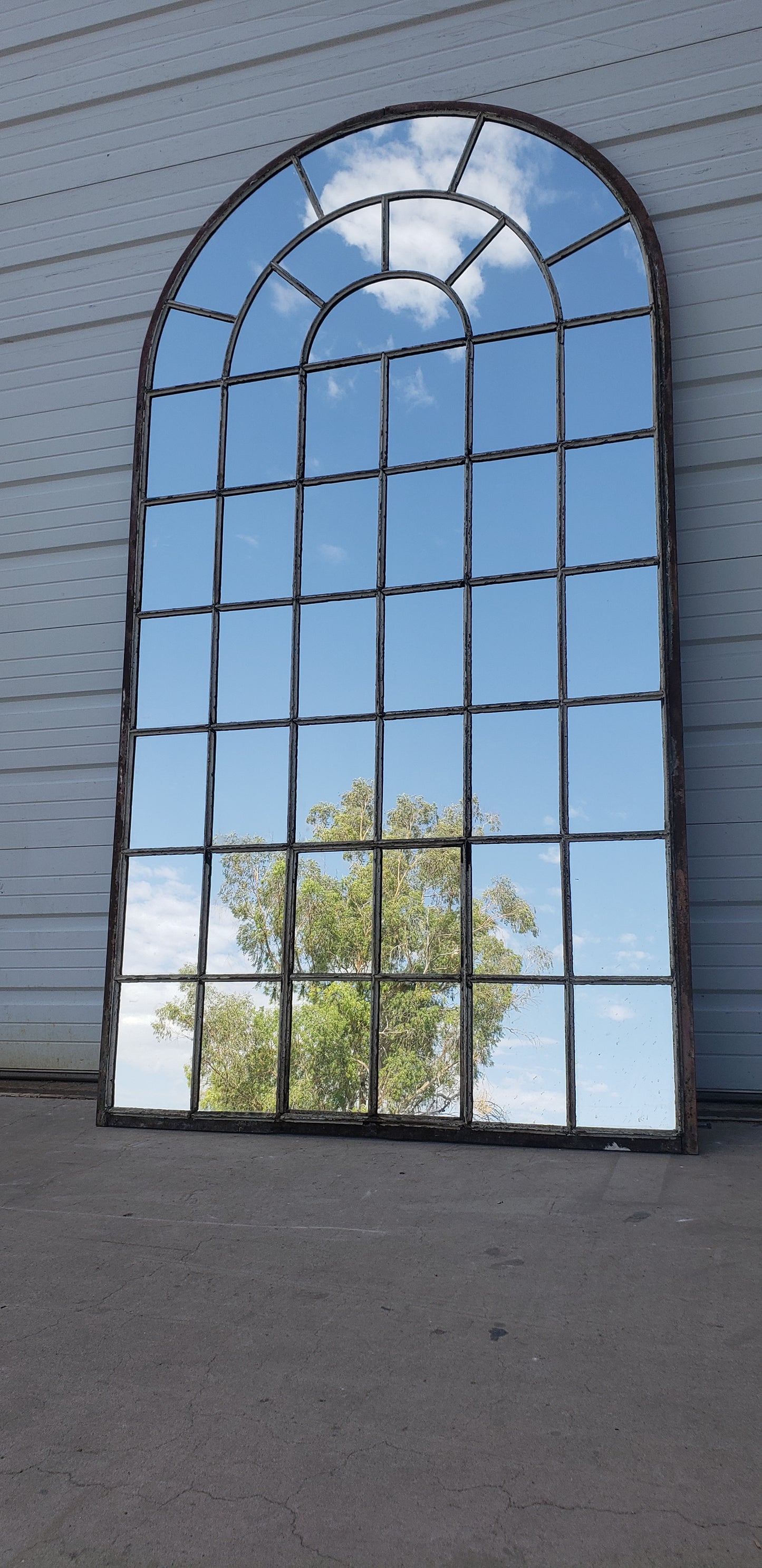 46 Pane Repurposed Arched Iron Factory Mirror