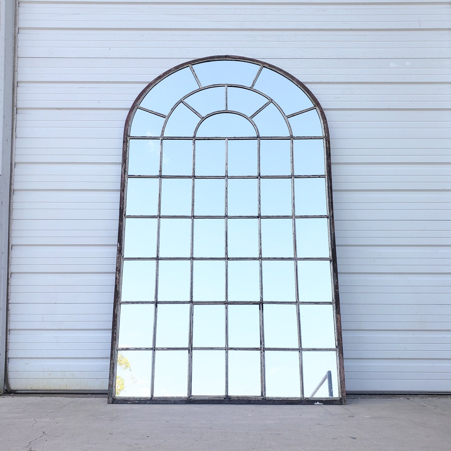 46 Pane Repurposed Arched Iron Factory Mirror