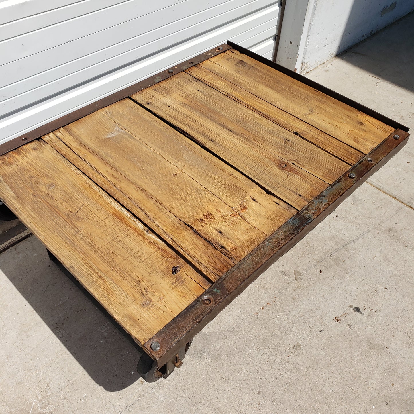 Repurposed Factory Coffee Table Trolley with Barn Wood Top
