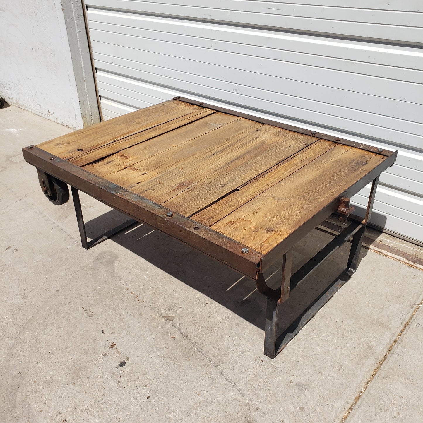 Repurposed Factory Coffee Table Trolley with Barn Wood Top