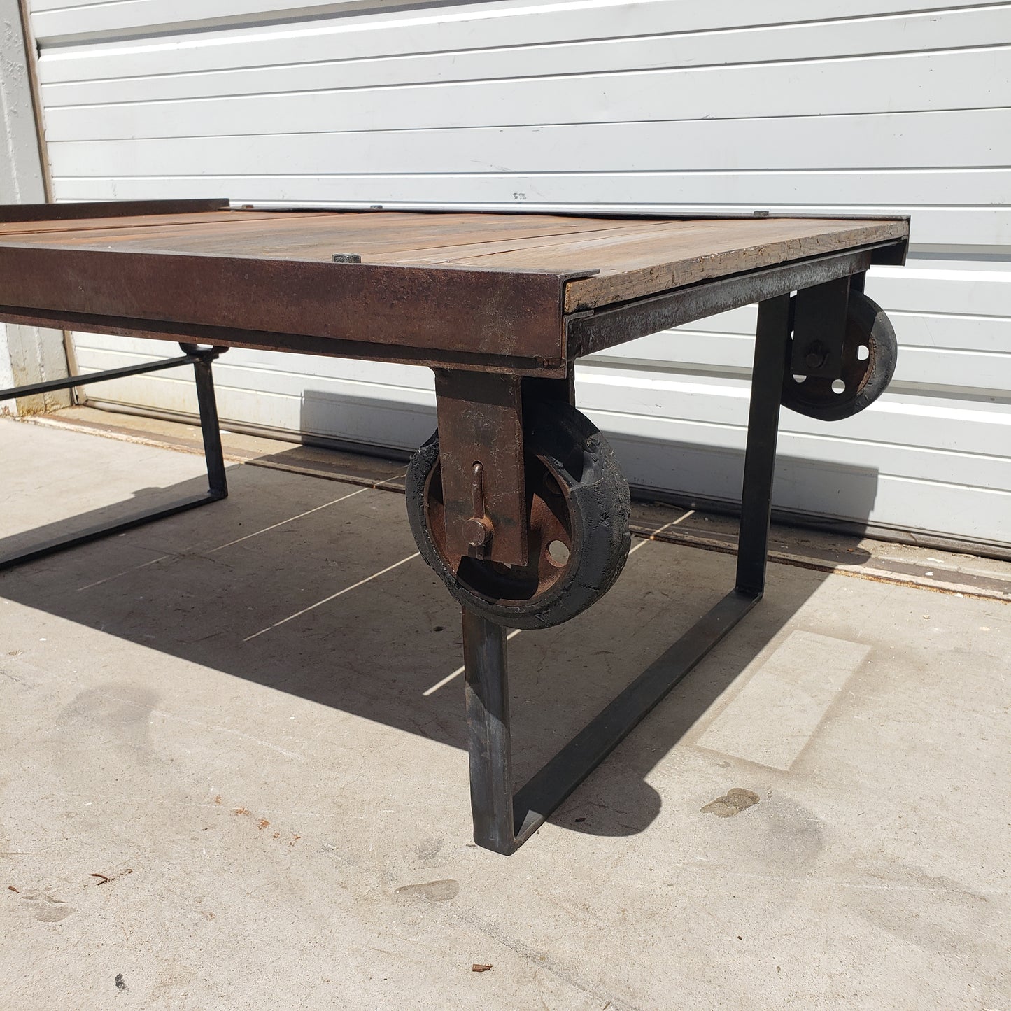 Repurposed Factory Coffee Table Trolley with Barn Wood Top