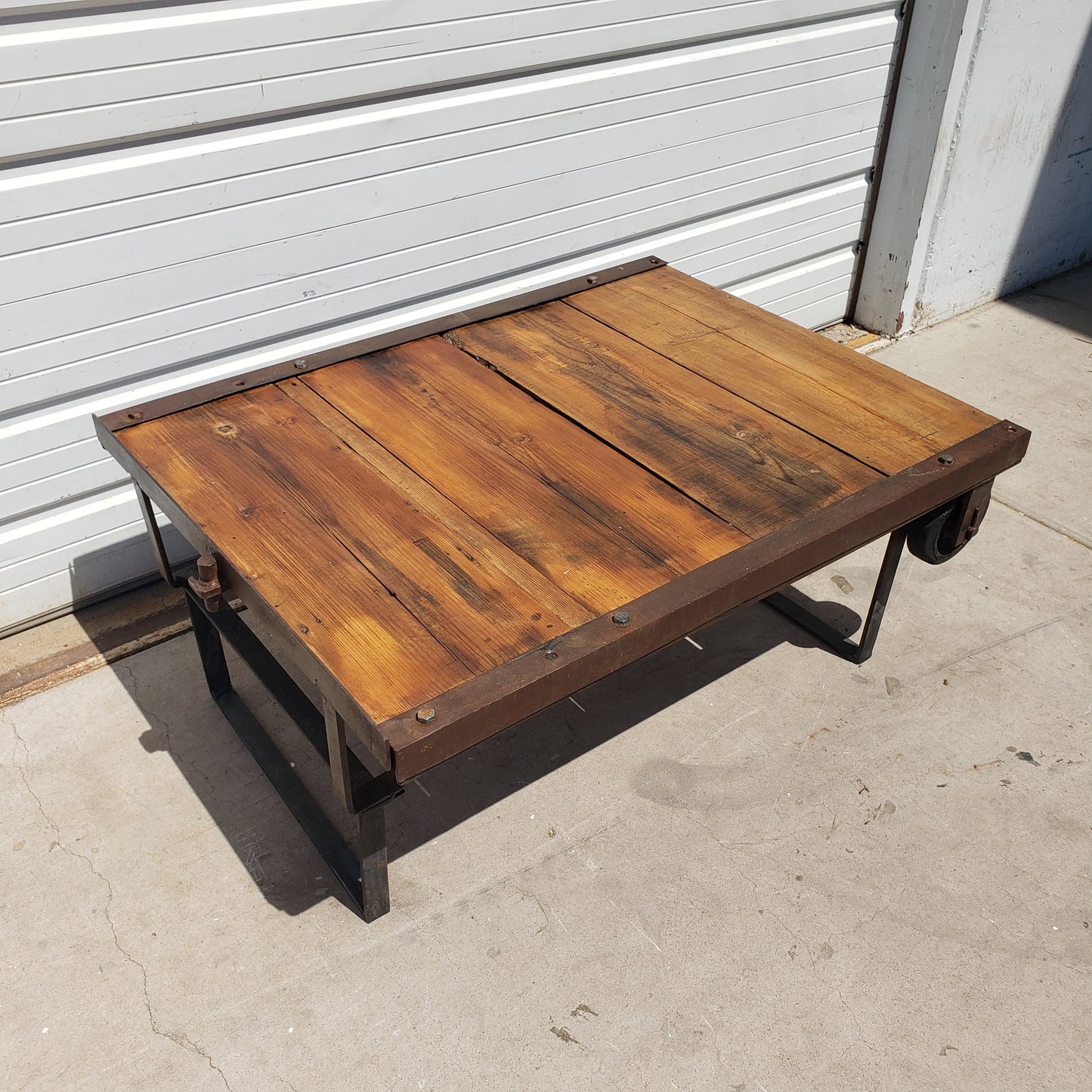 Repurposed Factory Coffee Table Trolley with Barn Wood Top