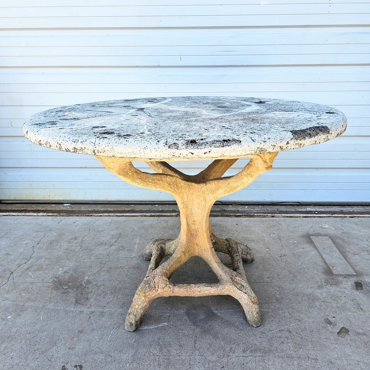French Table with Faux Bois Base and Stone Top