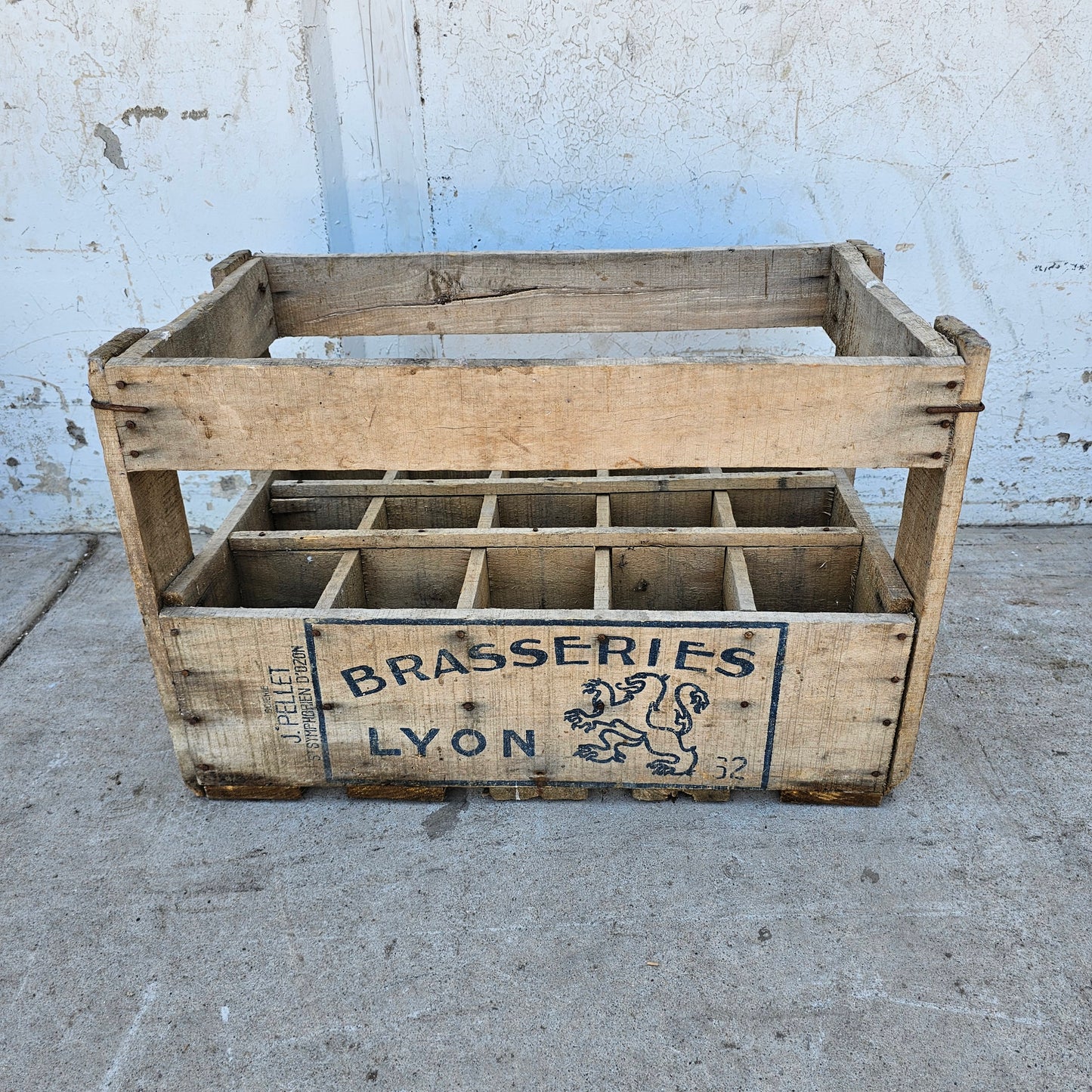Antique "Brasserie Lyon" Wooden Bottle Carrier
