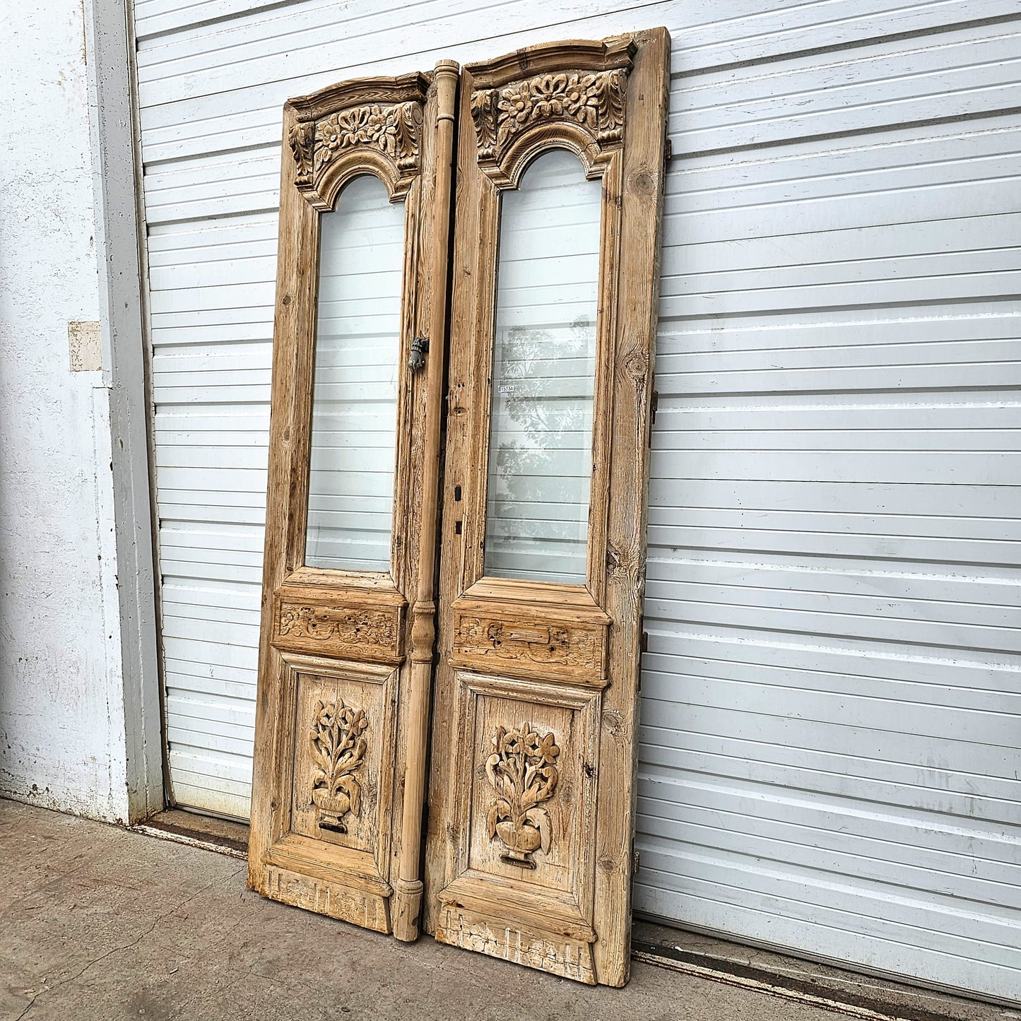 Pair of Carved Wood Doors w/2 Single Glass Lites
