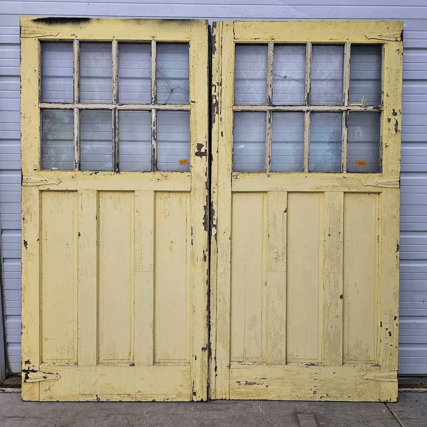 Pair of Large Yellow Carriage House Doors with 6 Lites