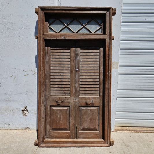 Pair of Wood Shuttered Doors with Glass Transom in Frame