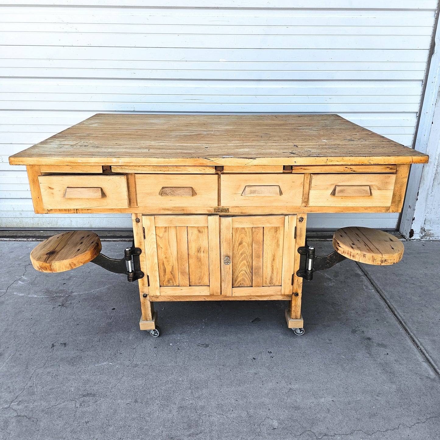 Bleached Work Table w/Swing Out Seats