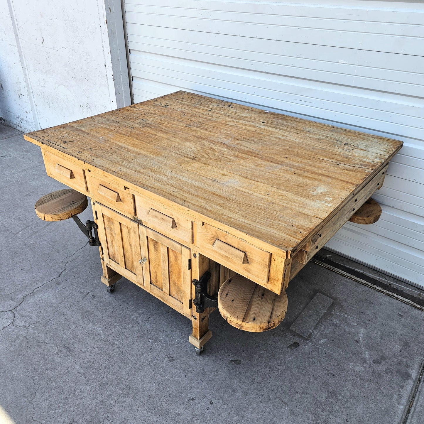Bleached Work Table w/Swing Out Seats