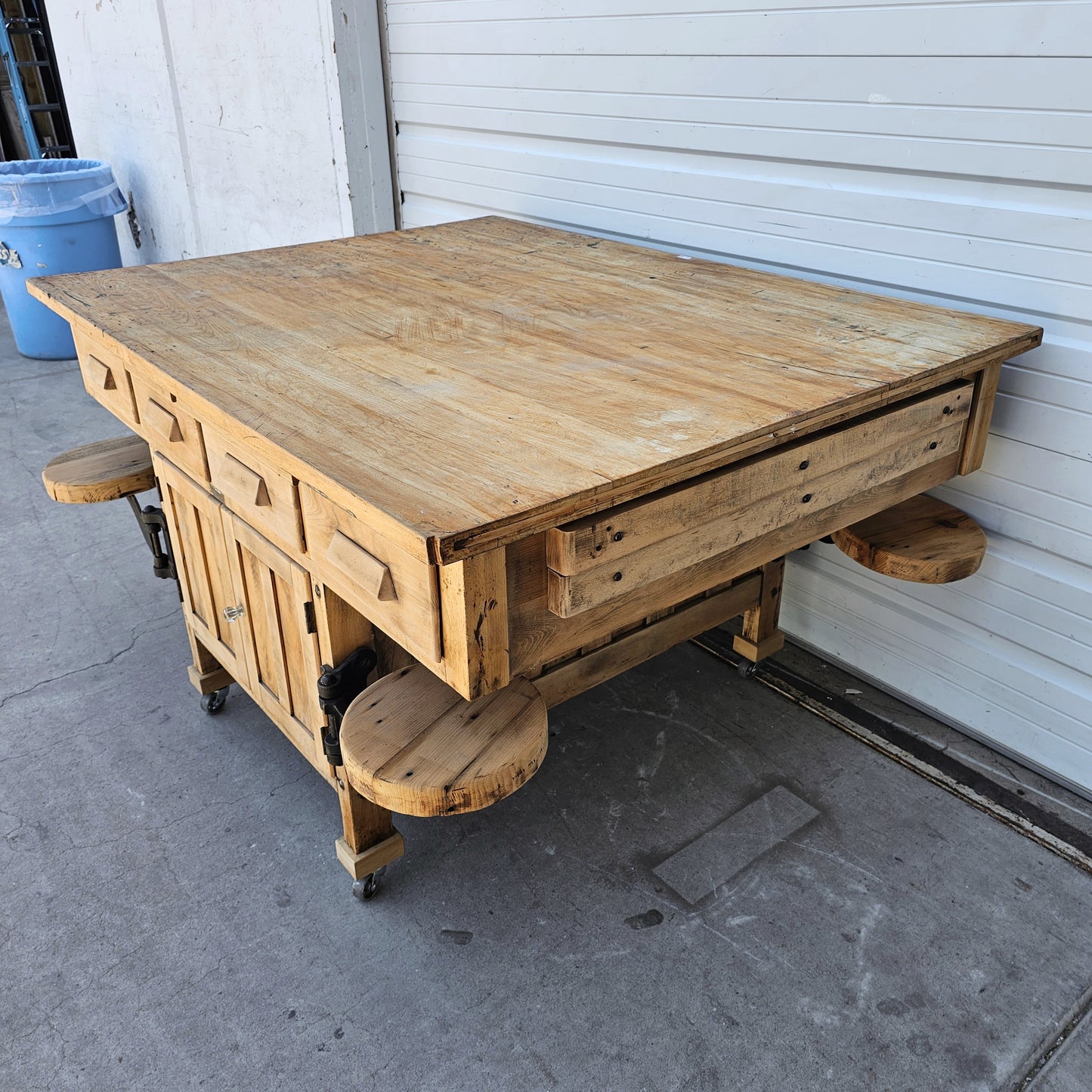 Bleached Work Table w/Swing Out Seats