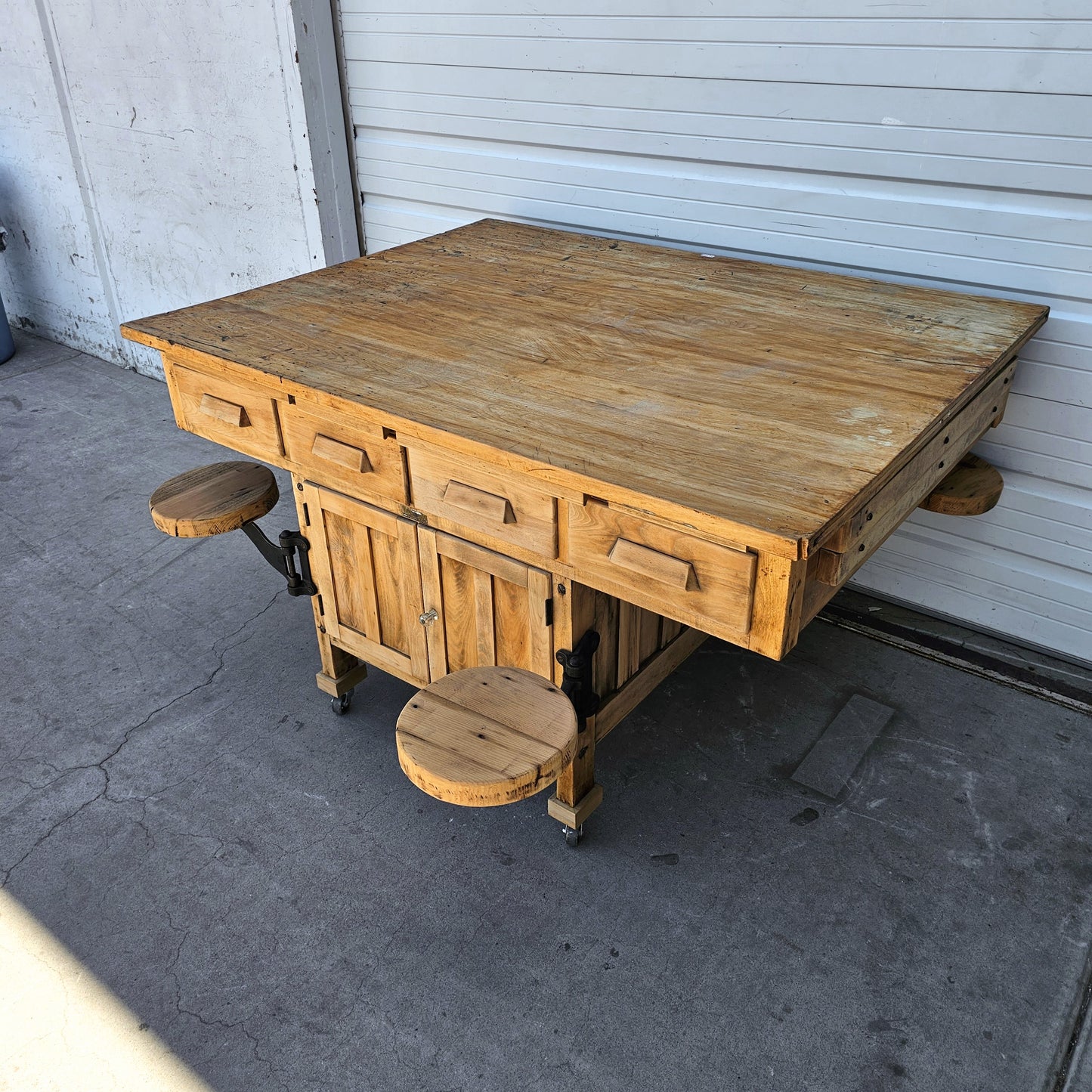 Bleached Work Table w/Swing Out Seats