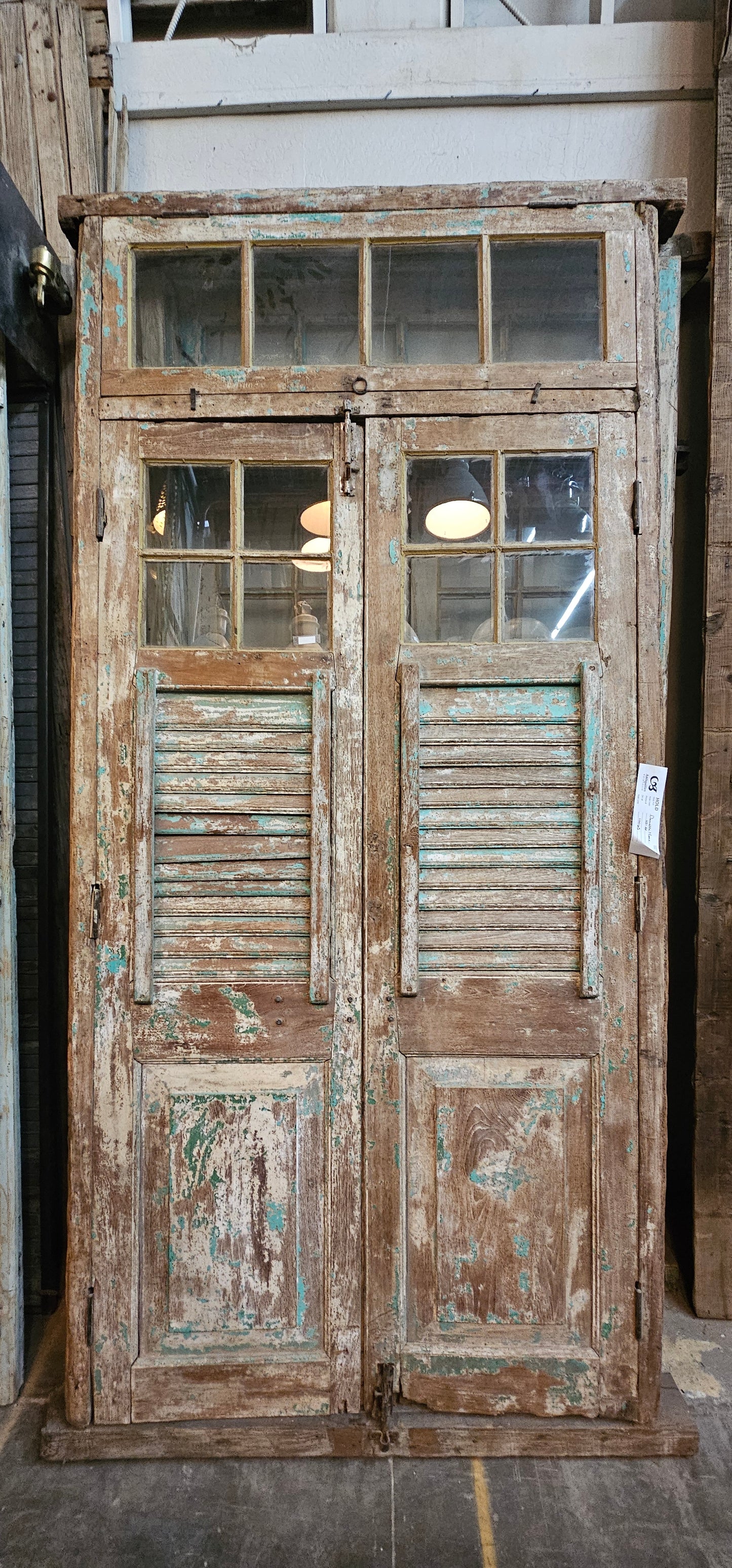 Pair of 4 Lite Framed Antique Shutter Doors with 4 Lite Transom