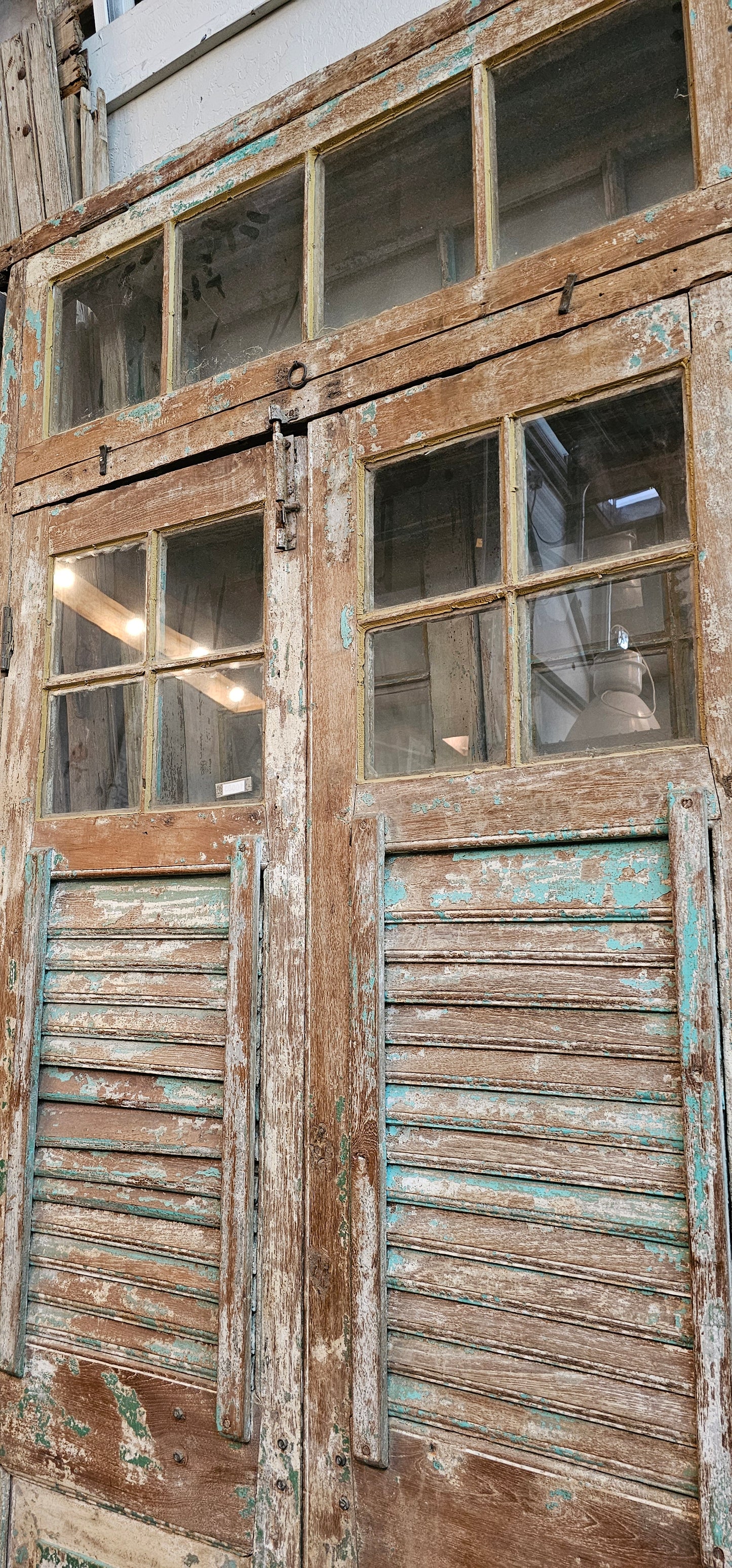 Pair of 4 Lite Framed Antique Shutter Doors with 4 Lite Transom