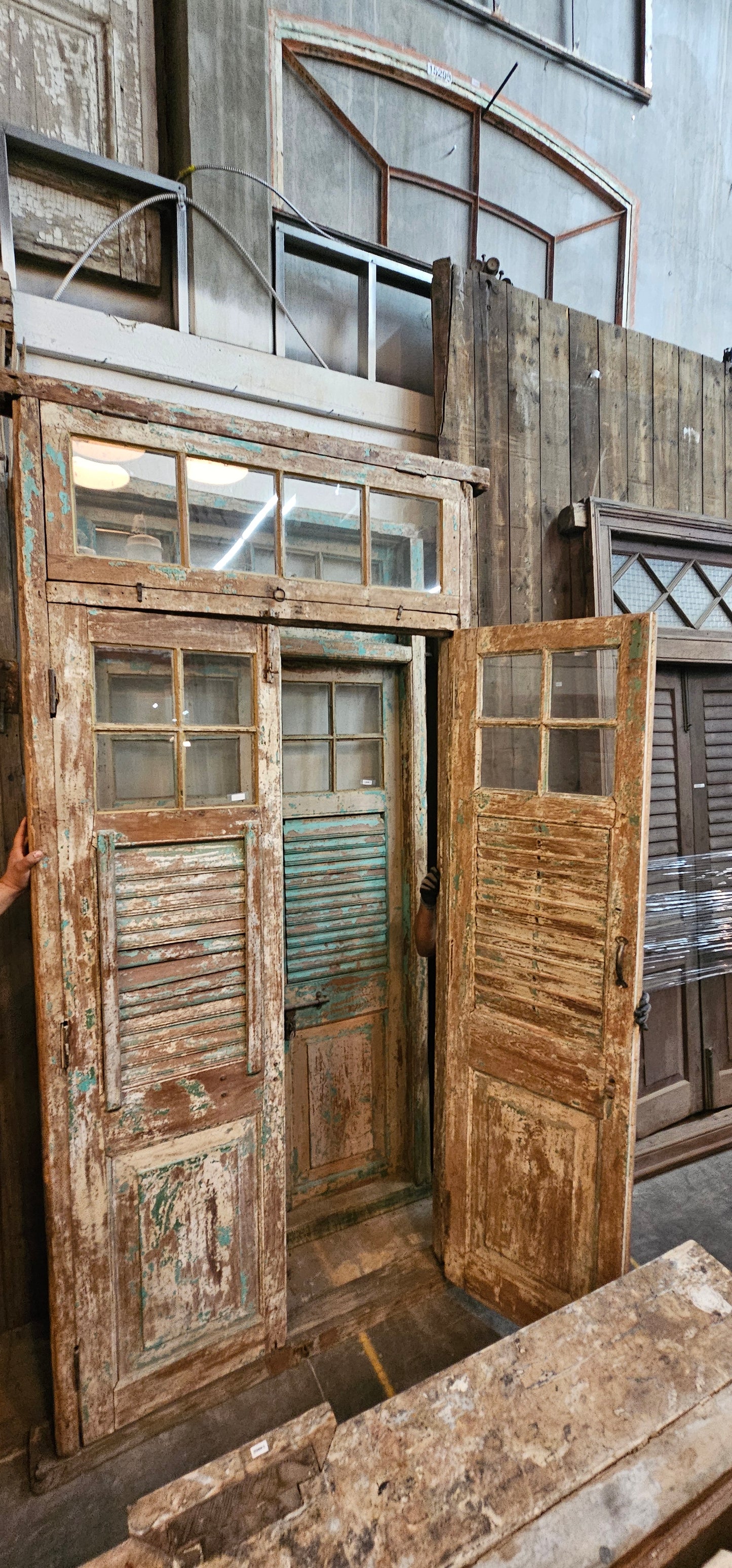 Pair of 4 Lite Framed Antique Shutter Doors with 4 Lite Transom