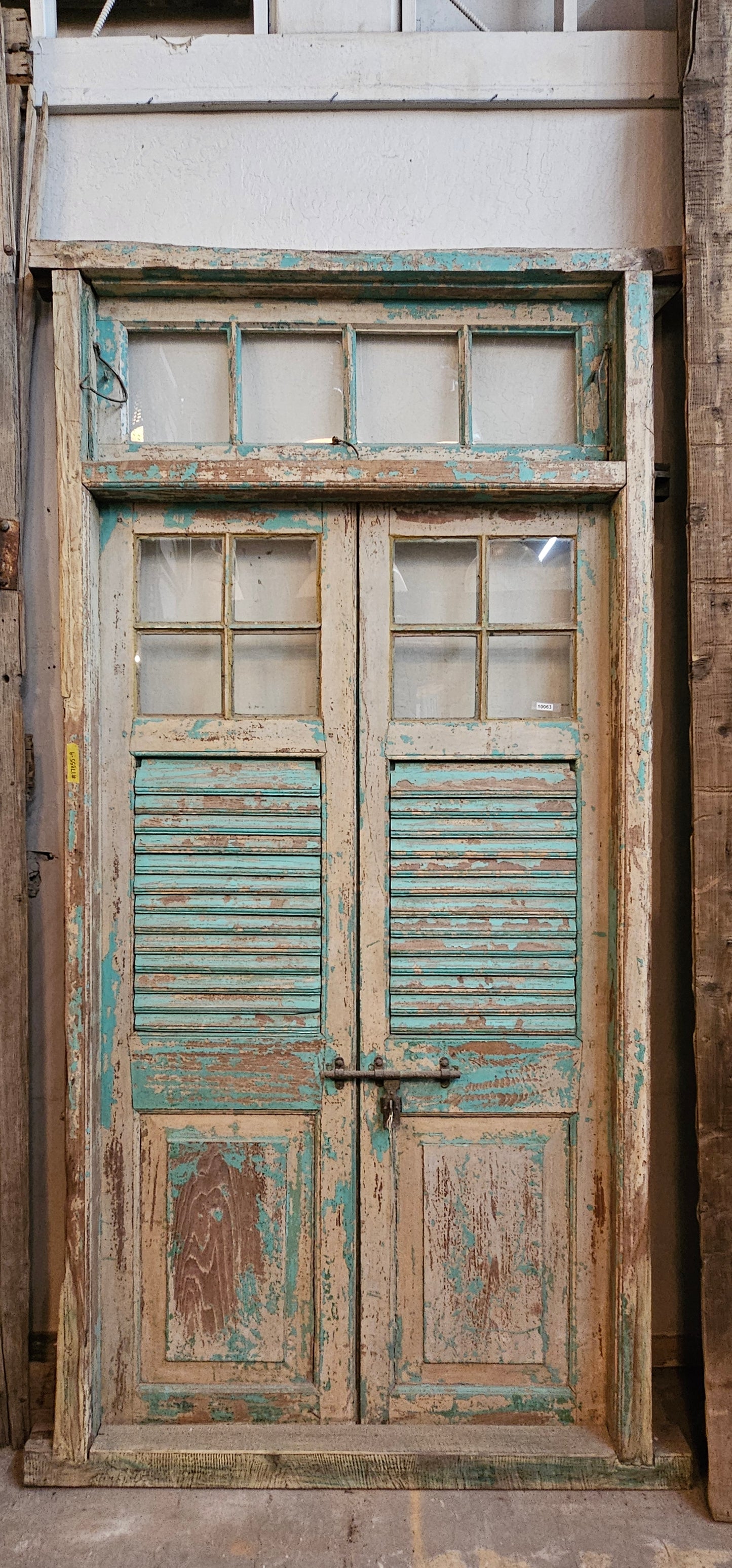 Pair of 4 Lite Framed Antique Shutter Doors with 4 Lite Transom