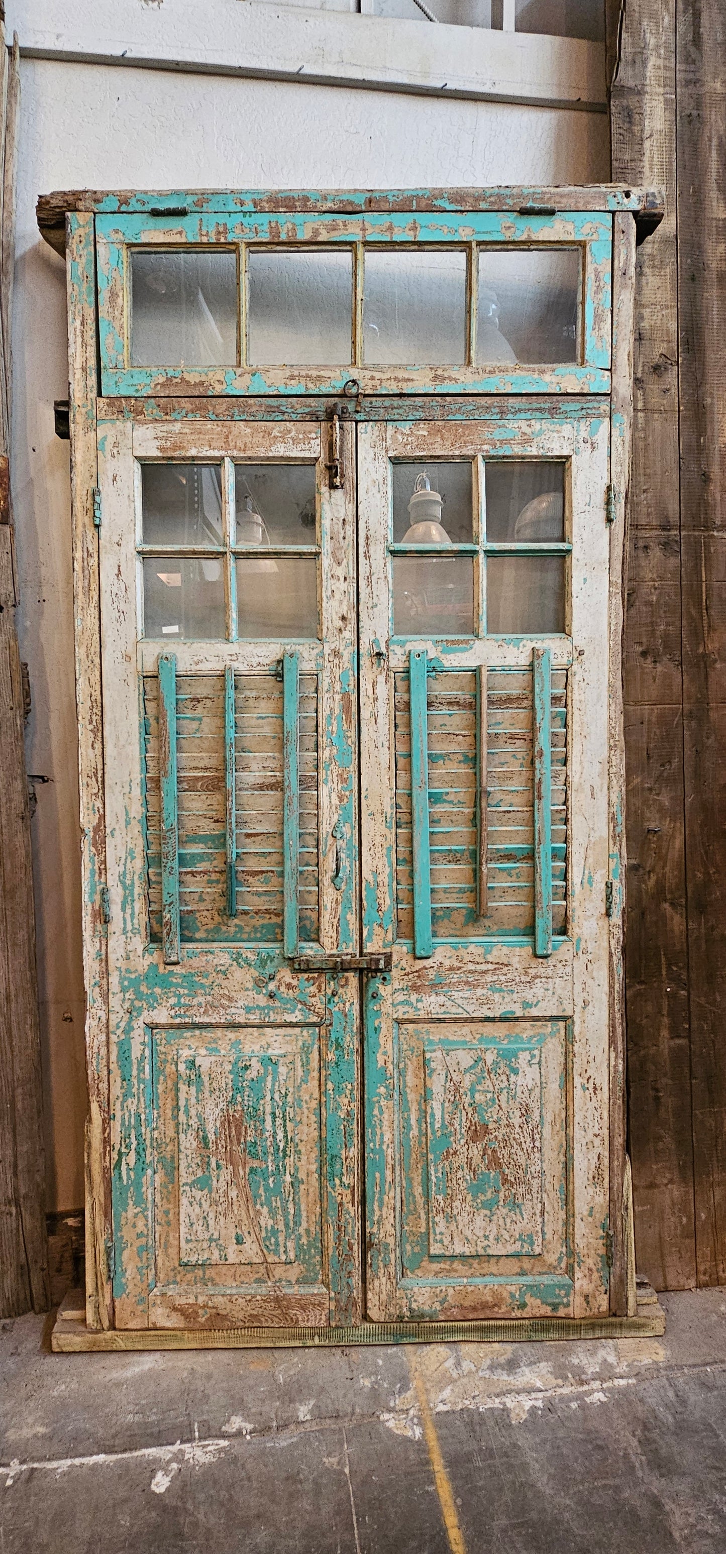 Pair of 4 Lite Framed Antique Shutter Doors with 4 Lite Transom