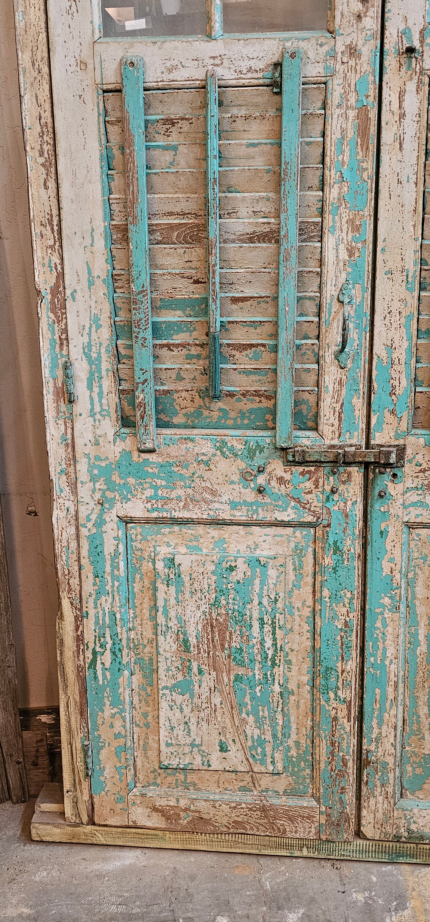 Pair of 4 Lite Framed Antique Shutter Doors with 4 Lite Transom