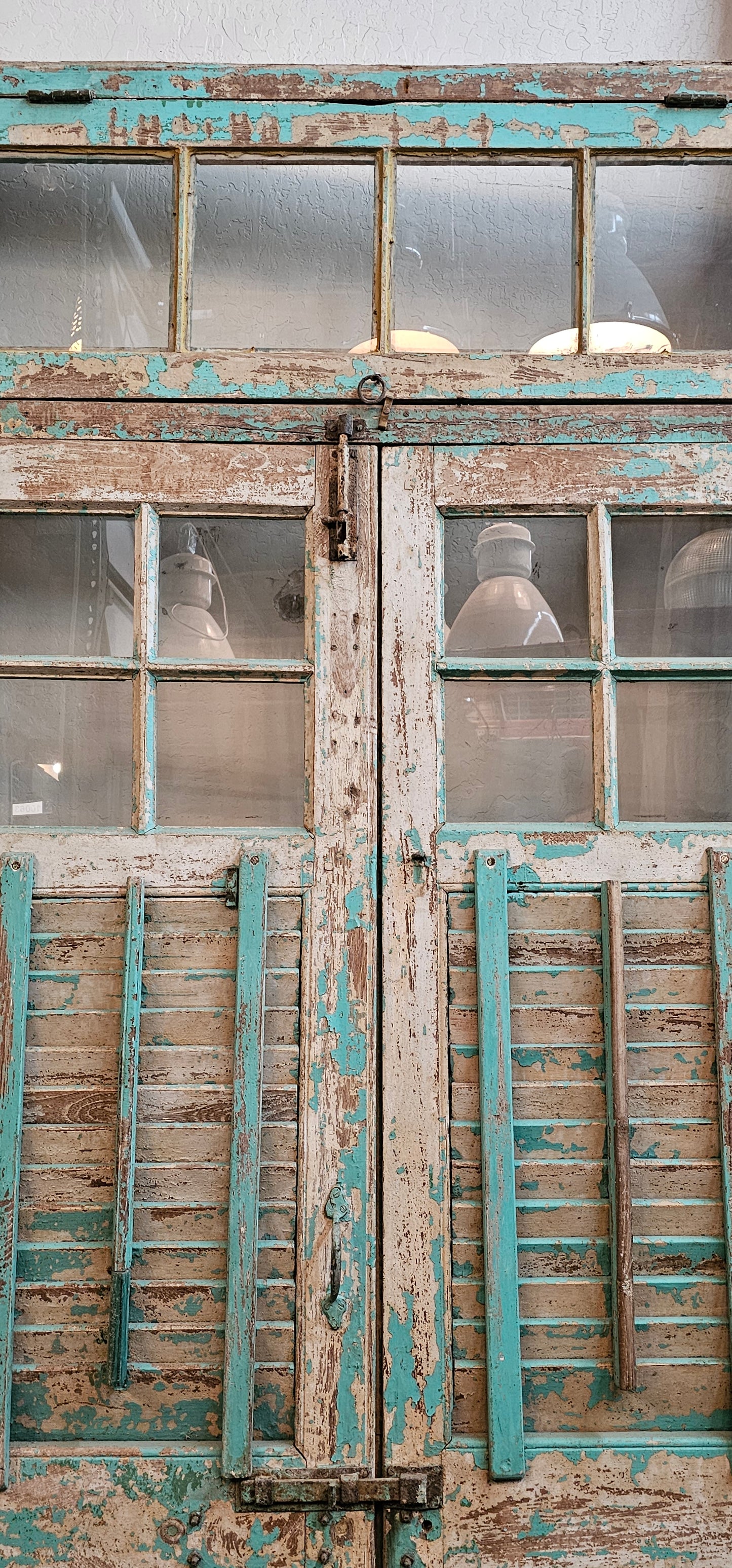 Pair of 4 Lite Framed Antique Shutter Doors with 4 Lite Transom