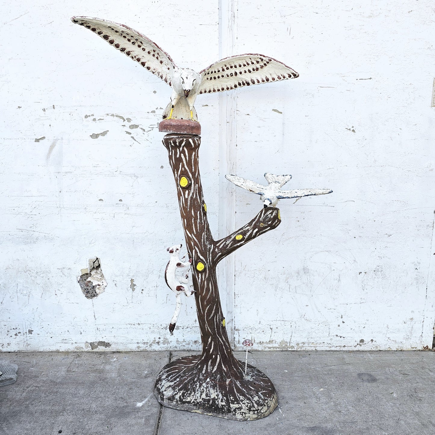 1920's French Cement Folk Art Tree Sculpture with Birds and Squirrel