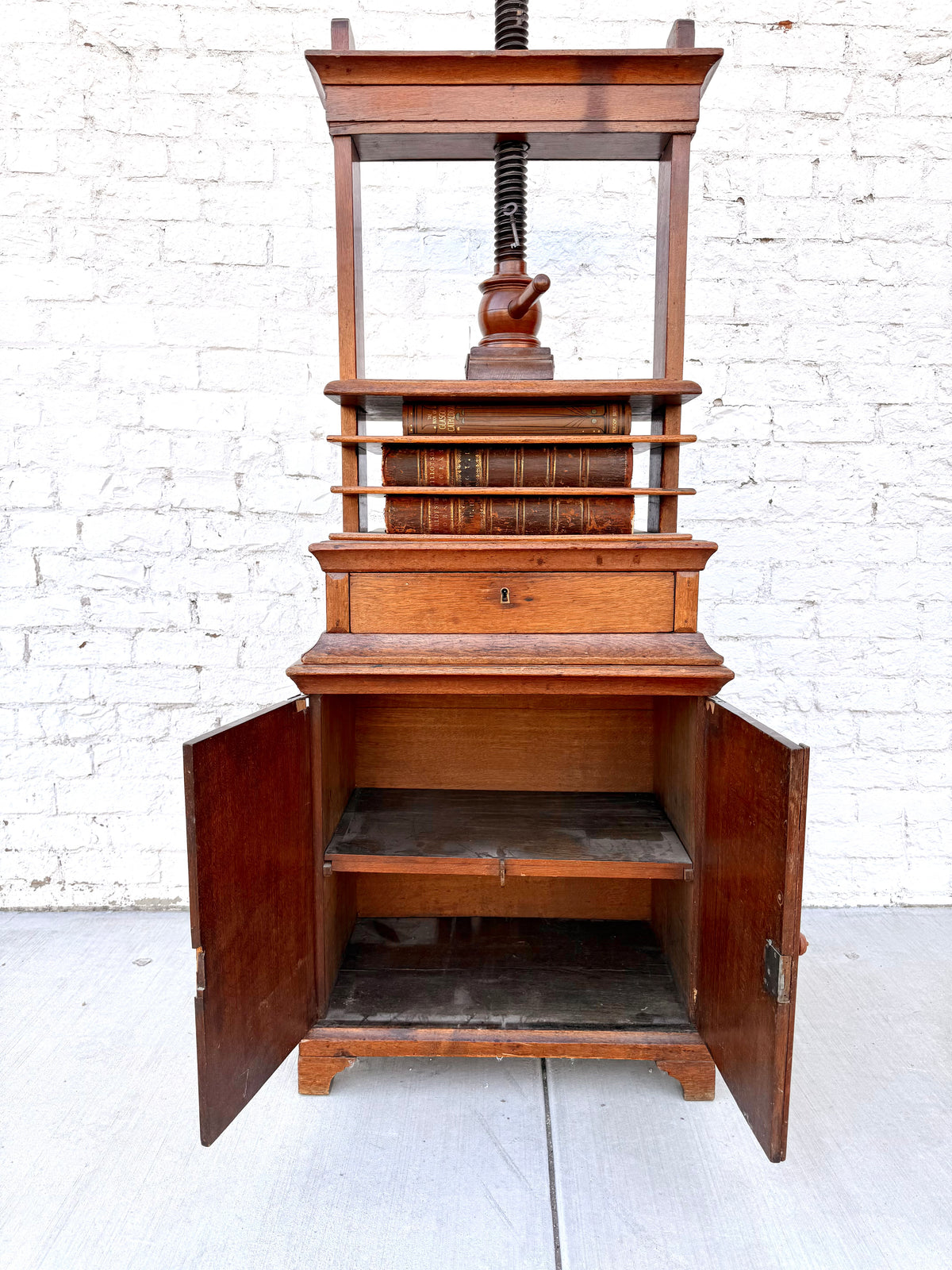 Antique Oak Screw Bookbinder Press with Cabinet Base