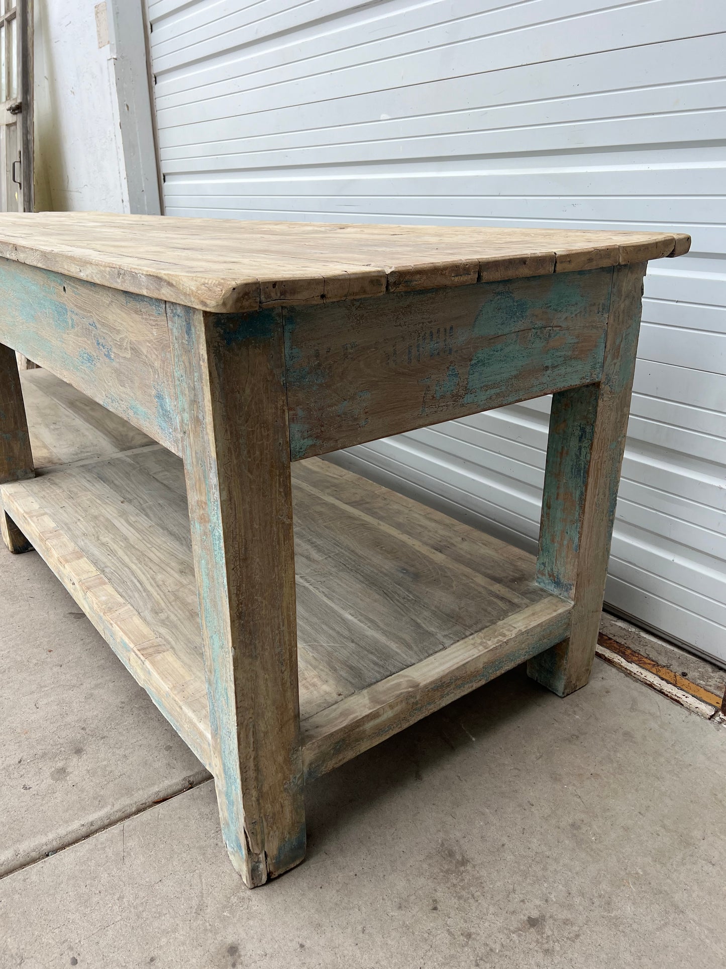 Blue Painted Industrial Warehouse Work Table / Island