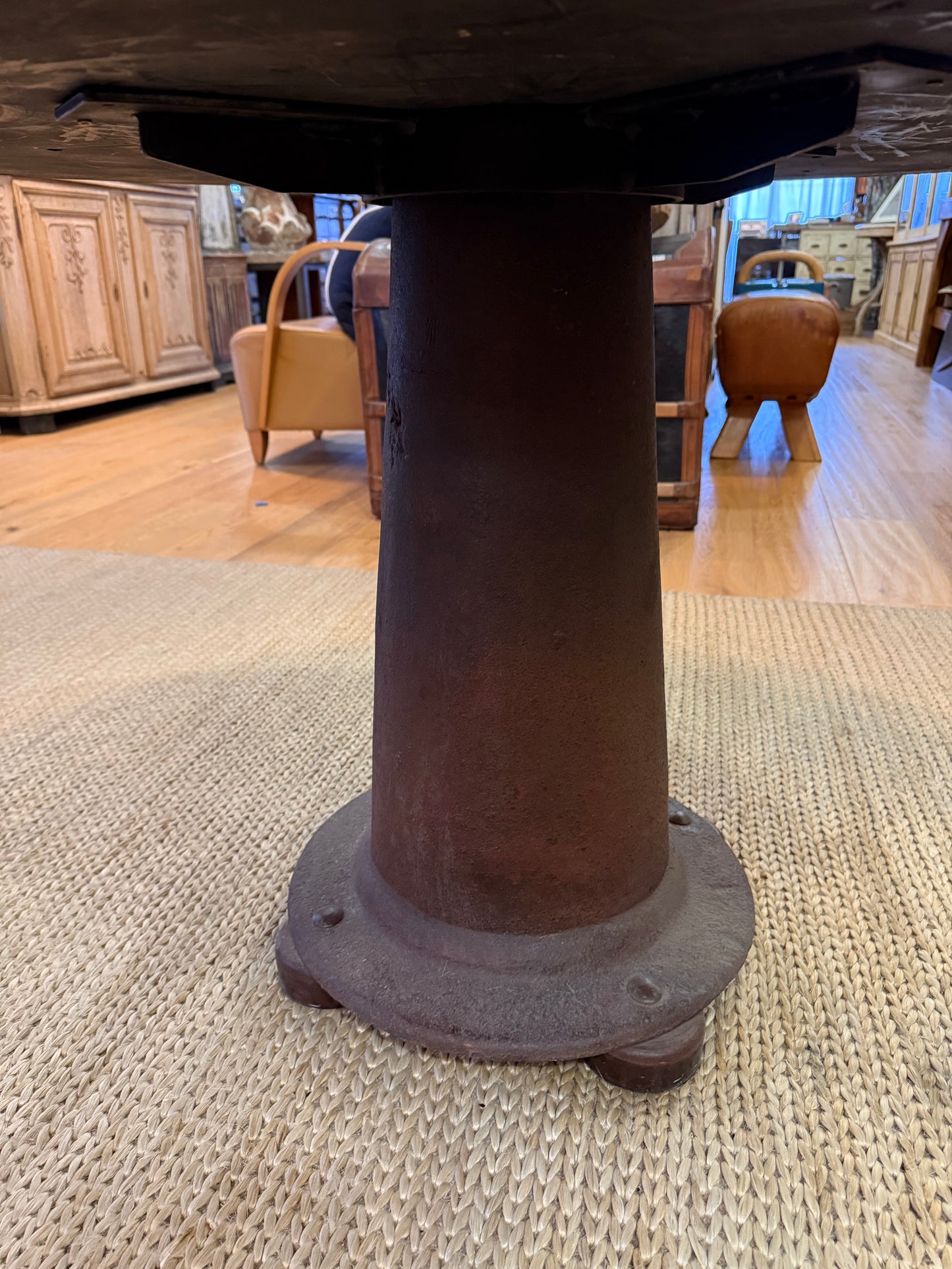 Table with Round Riveted Top and Industrial Iron Base