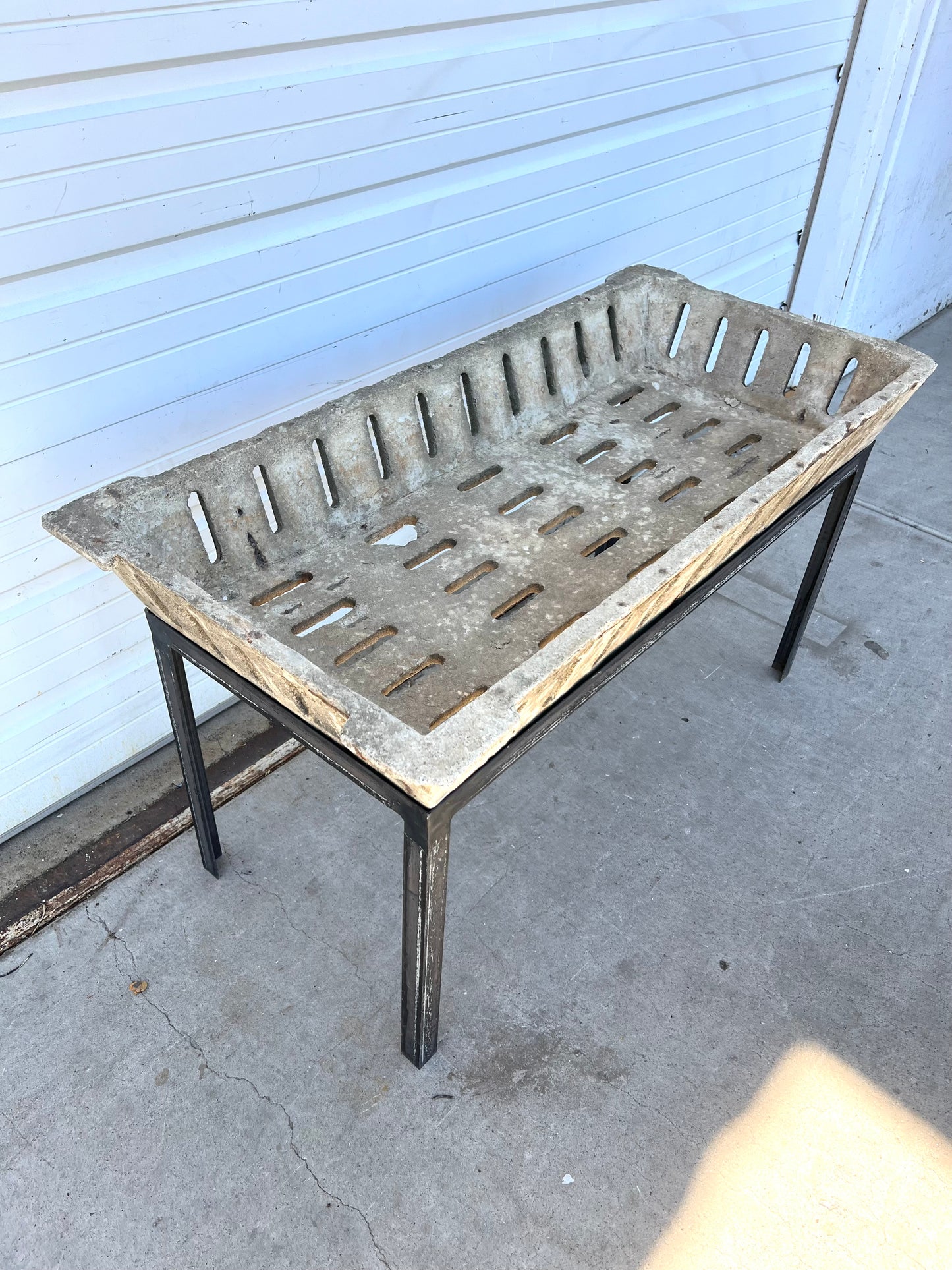 Rectangular Perforated Stone Planter on Iron Stand