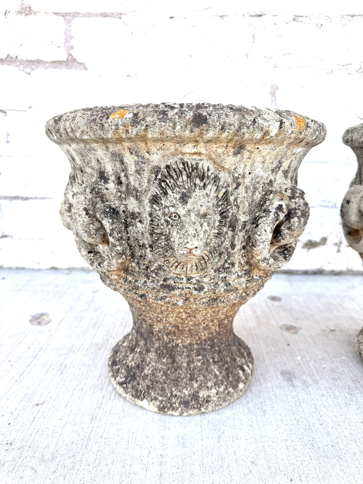 Pair of English Garden Urns w/ Lion Heads