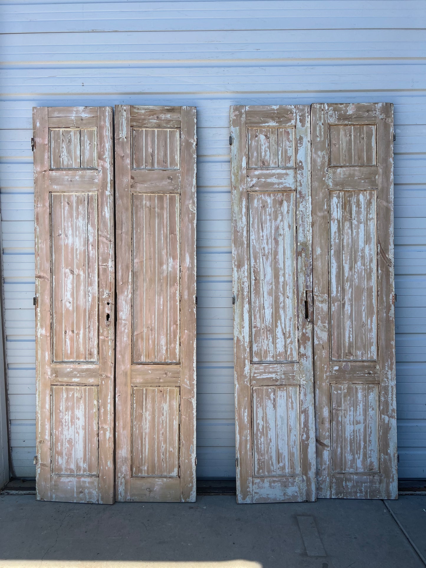 Pair of Washed Antique Solid Wood 3-Panel French Doors
