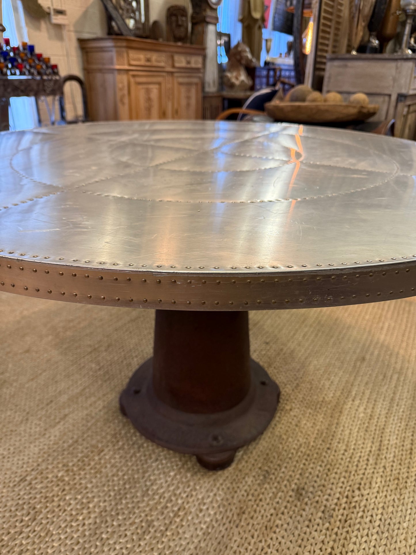 Table with Round Riveted Top and Industrial Iron Base