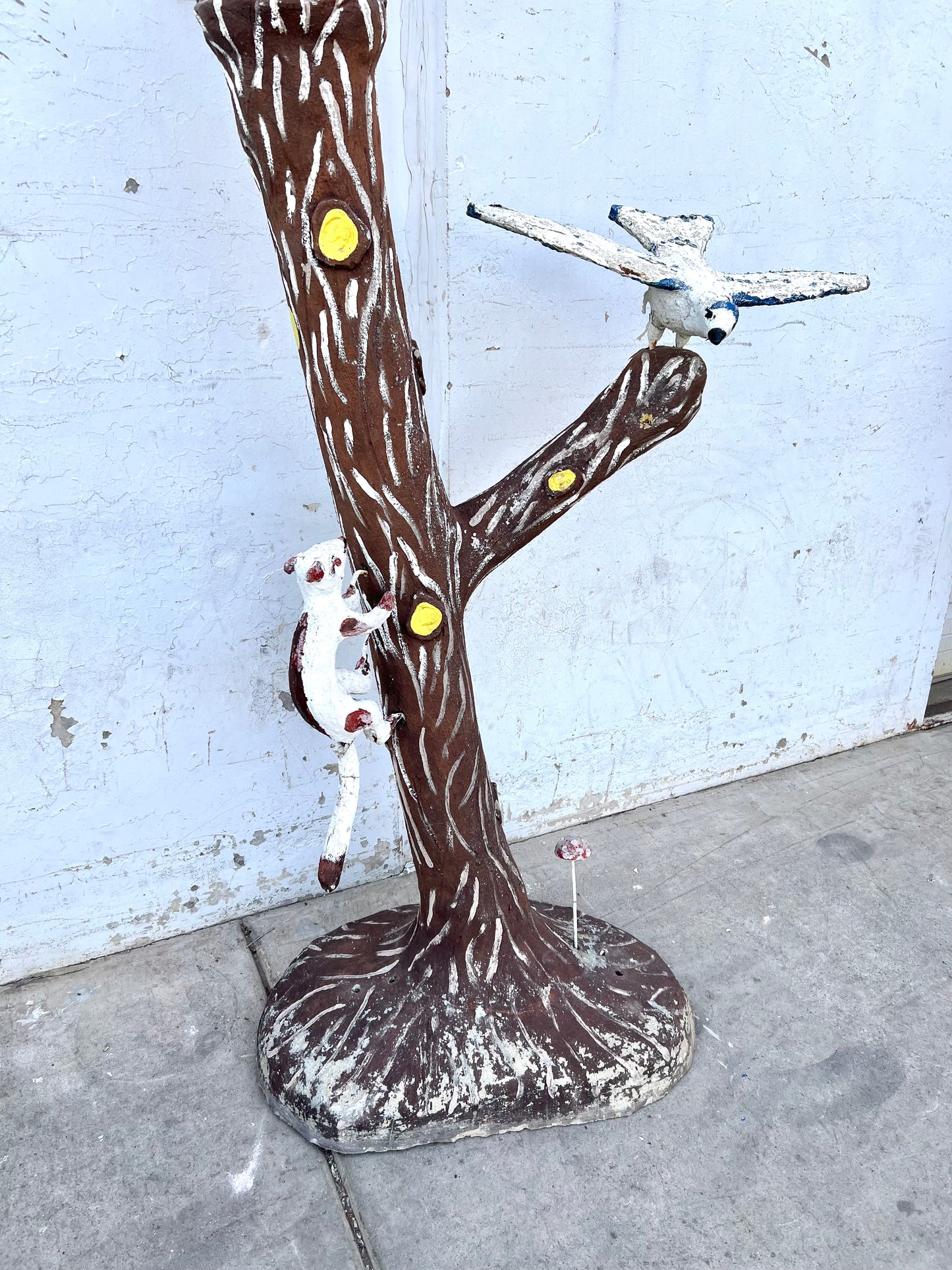 1920's French Cement Folk Art Tree Sculpture with Birds and Squirrel