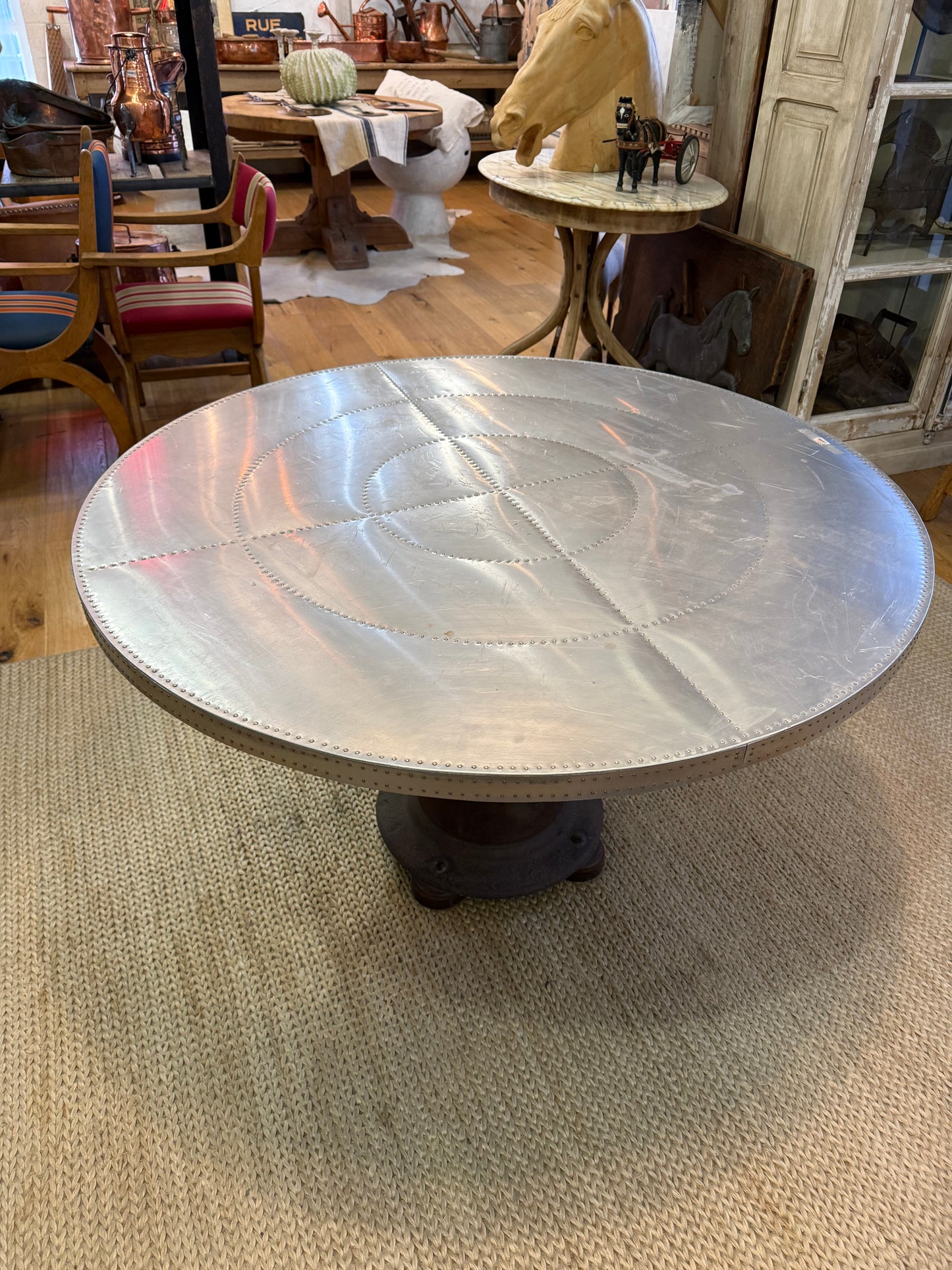 Table with Round Riveted Top and Industrial Iron Base