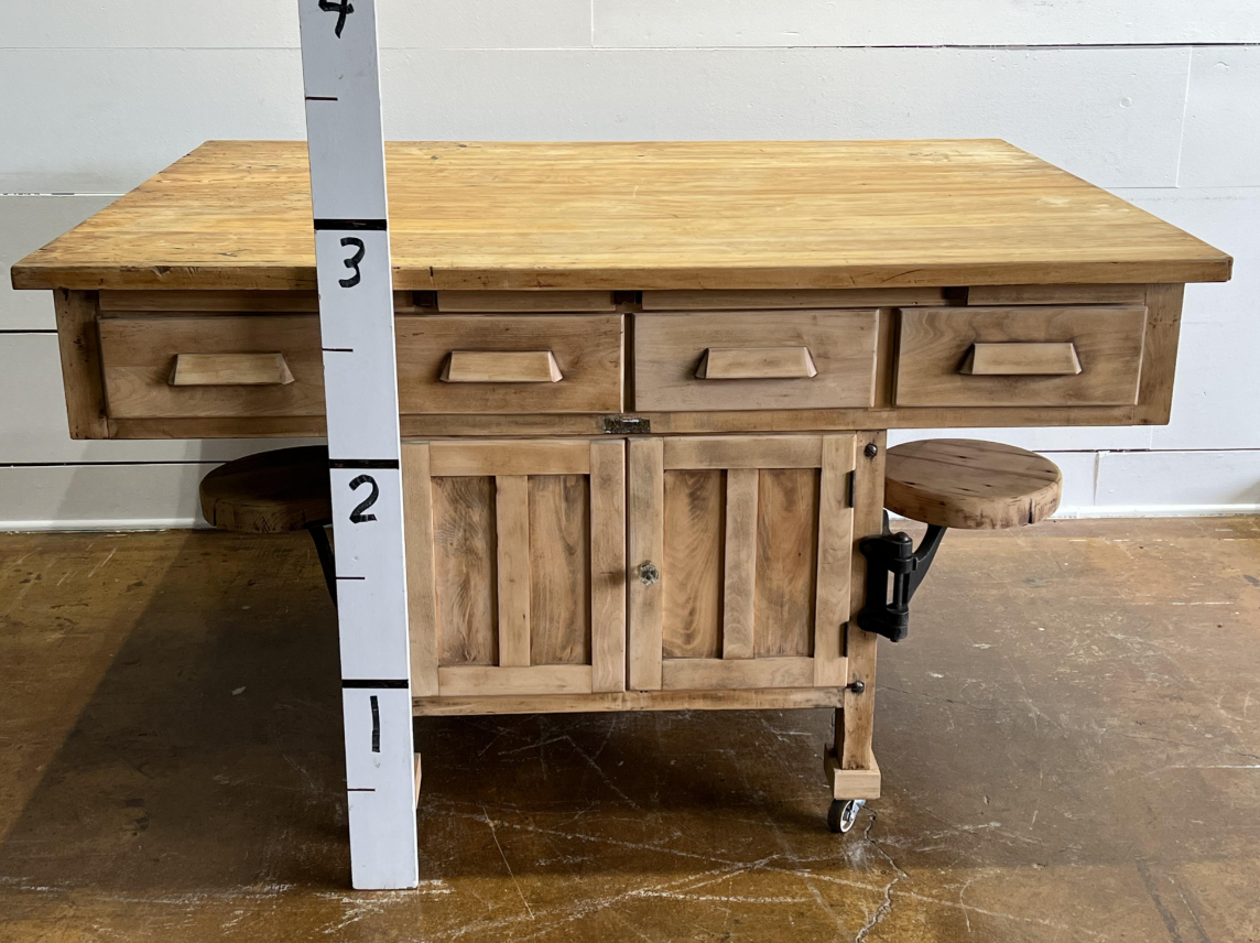 Bleached Work Table w/Swing Out Seats