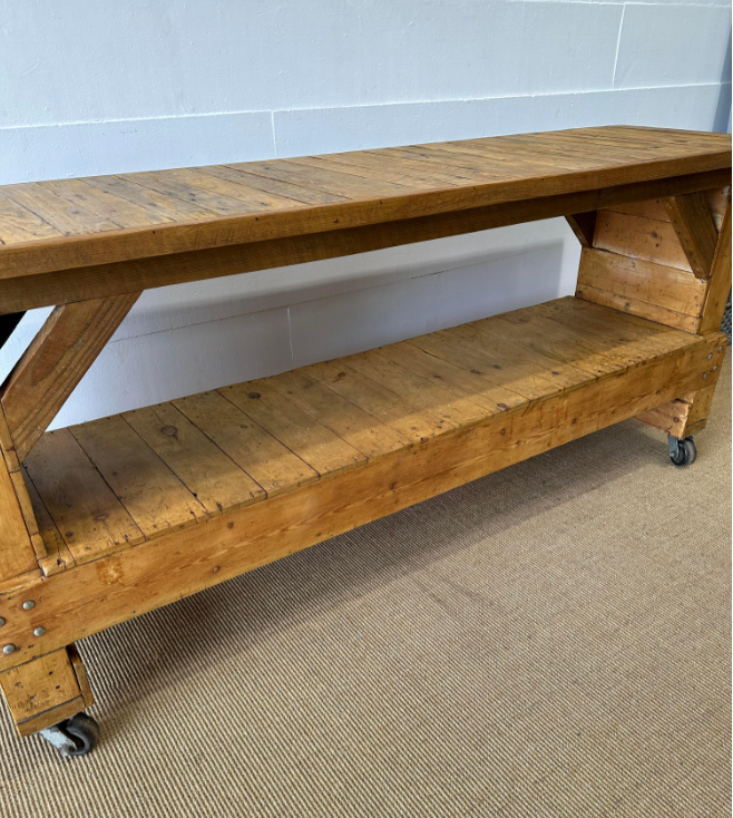 Industrial Wooden Work Table/Island on Casters