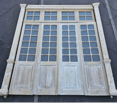 Set of 4 Washed Wood Doors and Transom w/64 Glass Panes