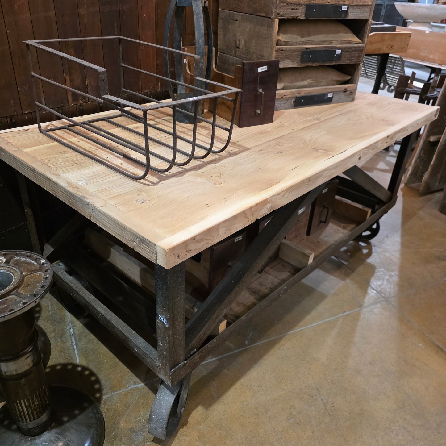 Industrial Rolling Table Base with Barn Wood Top