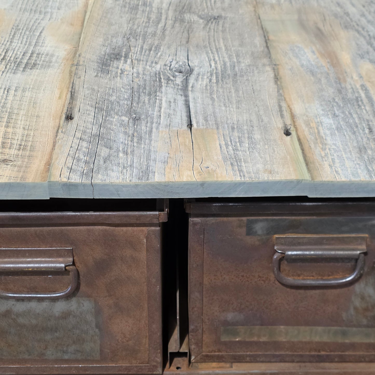 Set of 4 Industrial Steel Drawers Cabinet with Barn Wood Top