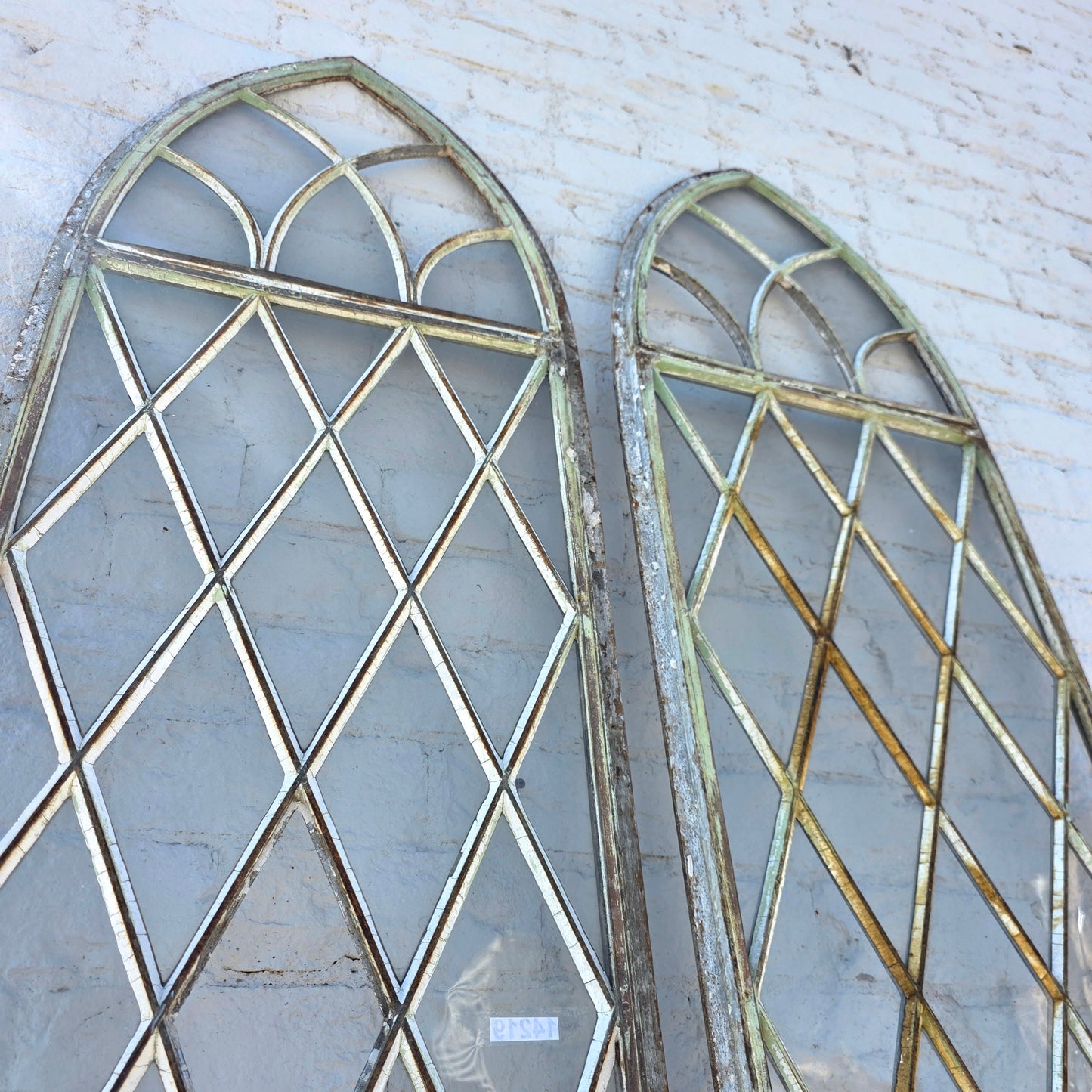 Pair of Arched Steel Windows with Diamond Panes