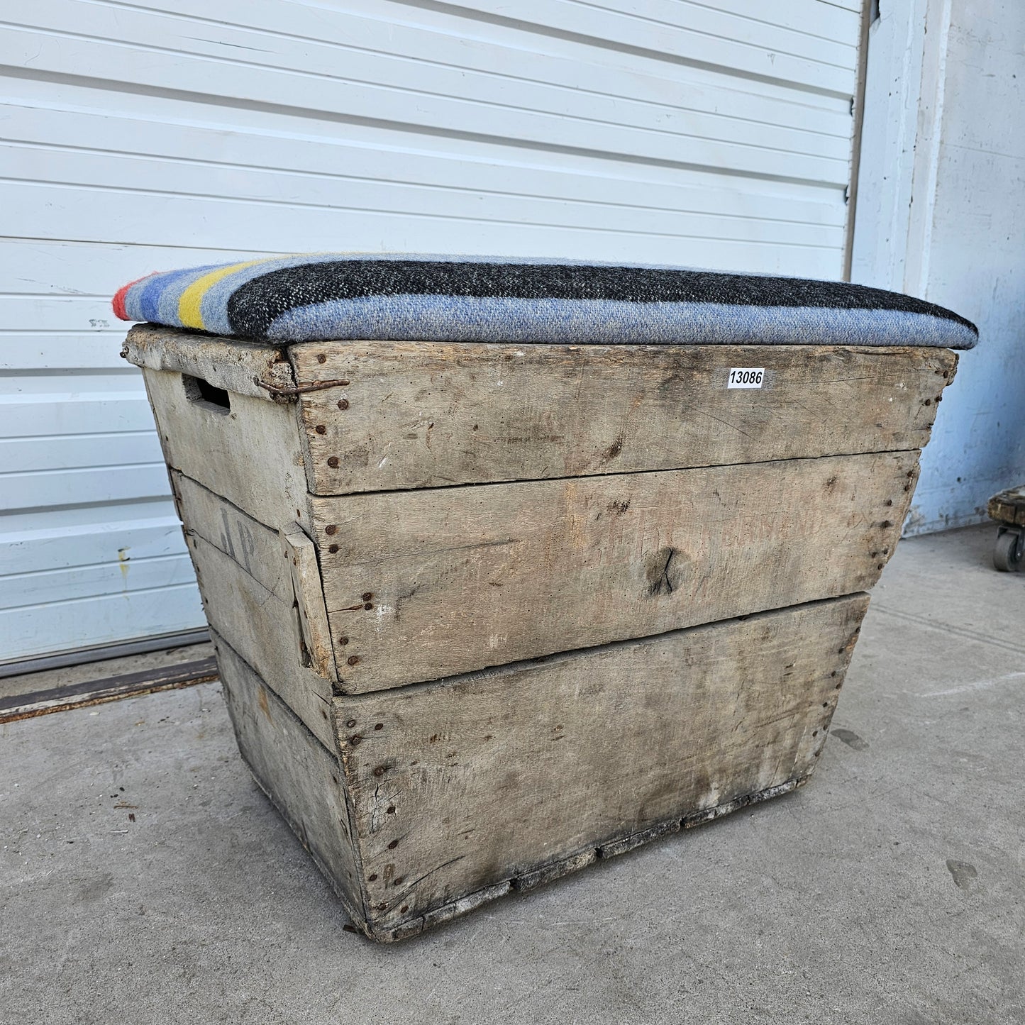 French Champagne Crate Ottoman with Camp Blanket Top
