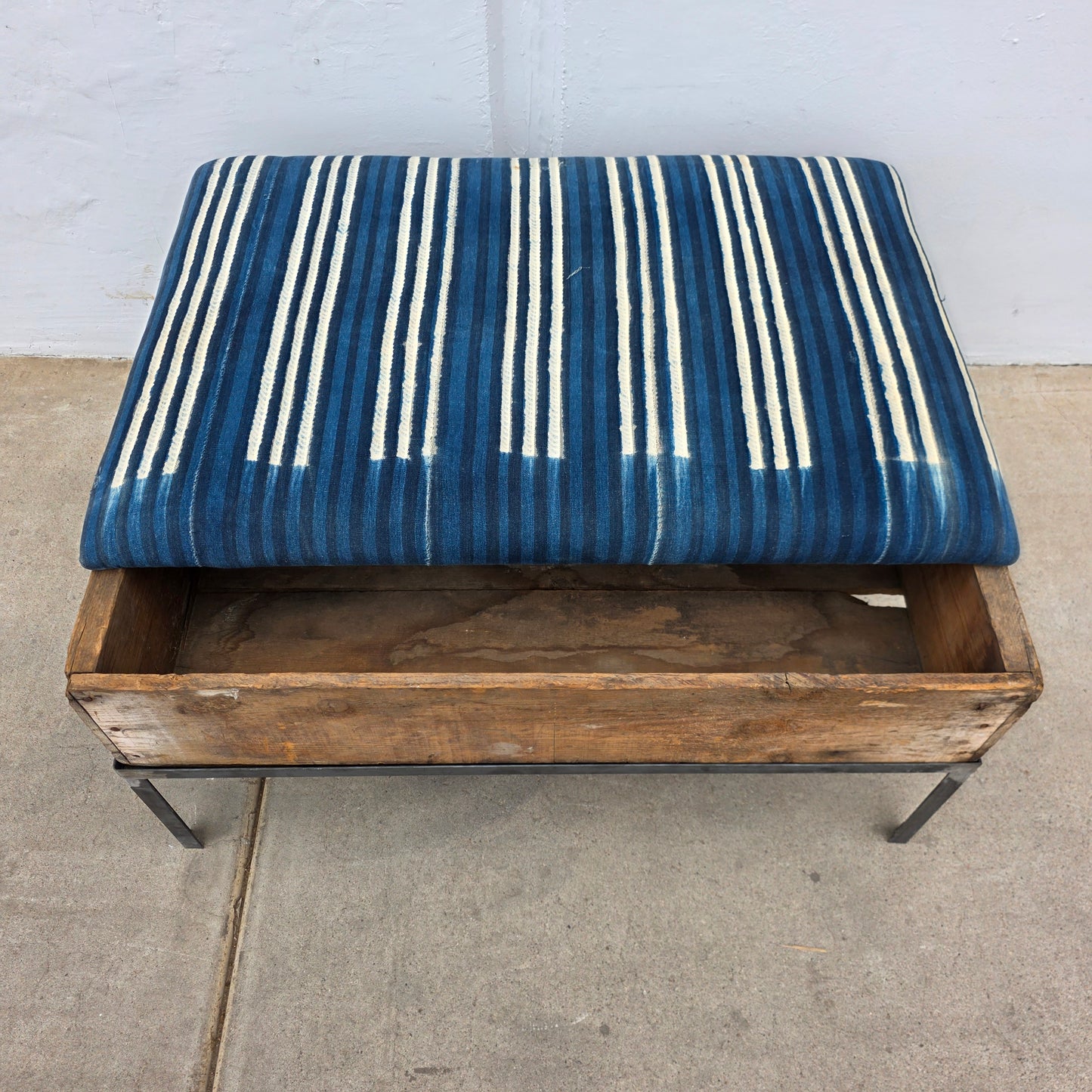 Raisin Box Ottoman with Blue Batik Top