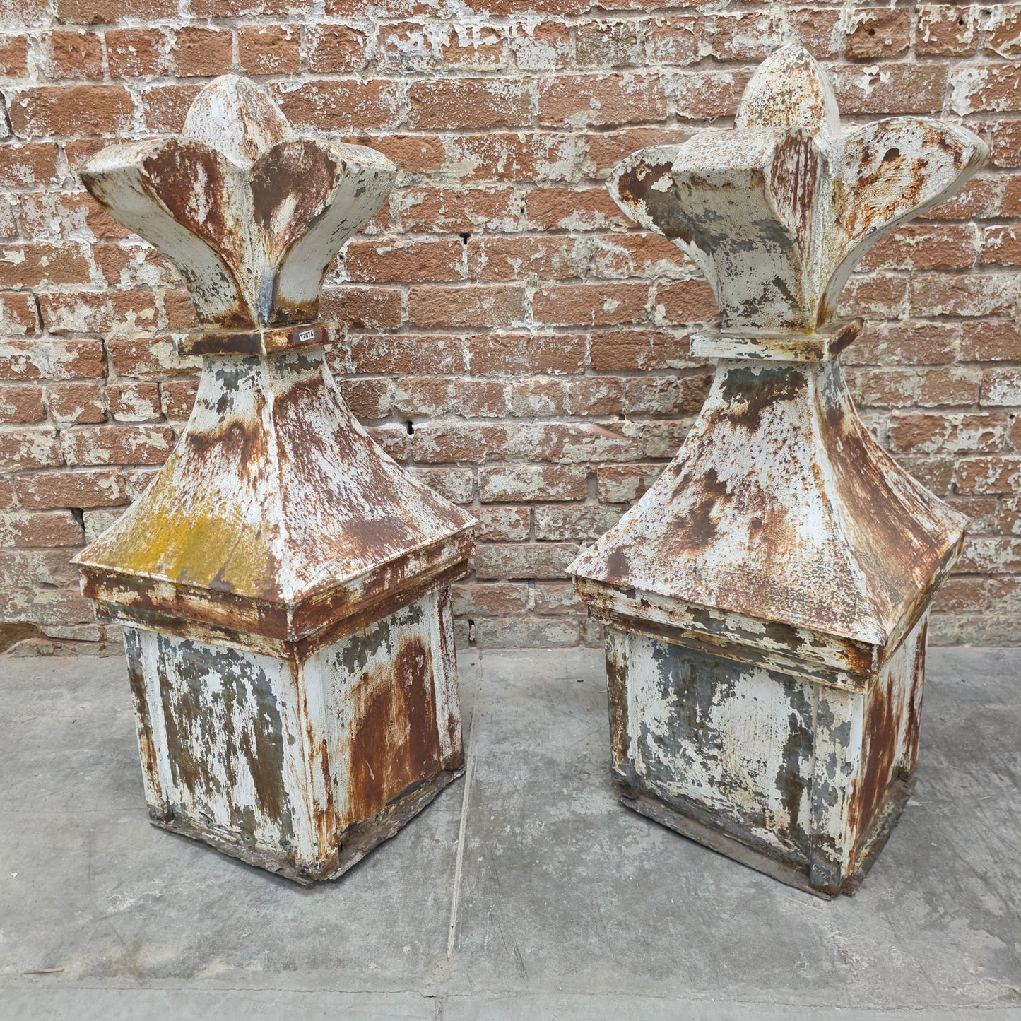 Pair of Antique Chippy White Zinc French Church Finials (Architectural)