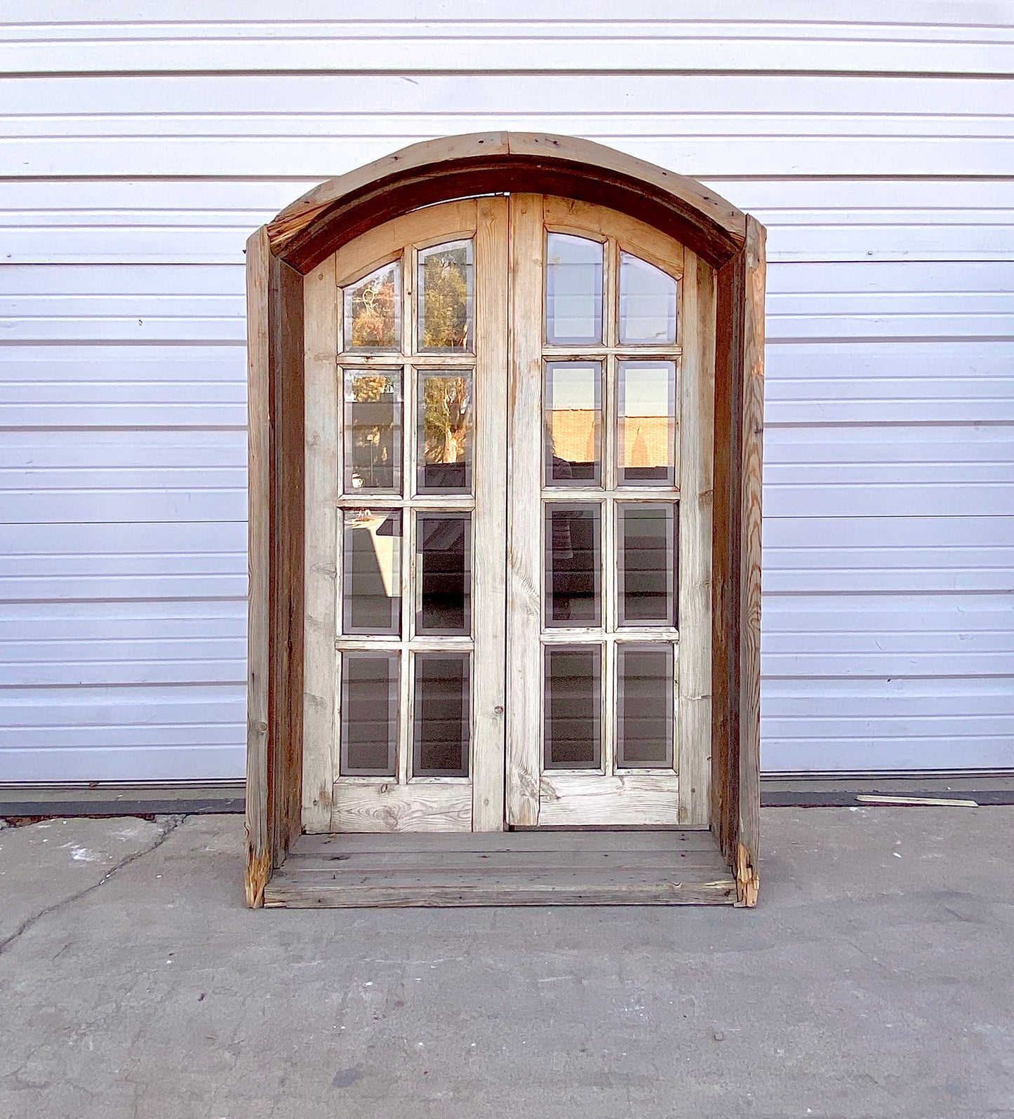 Antique 16 Pane Arched Natural Wood Window & Shutter Set