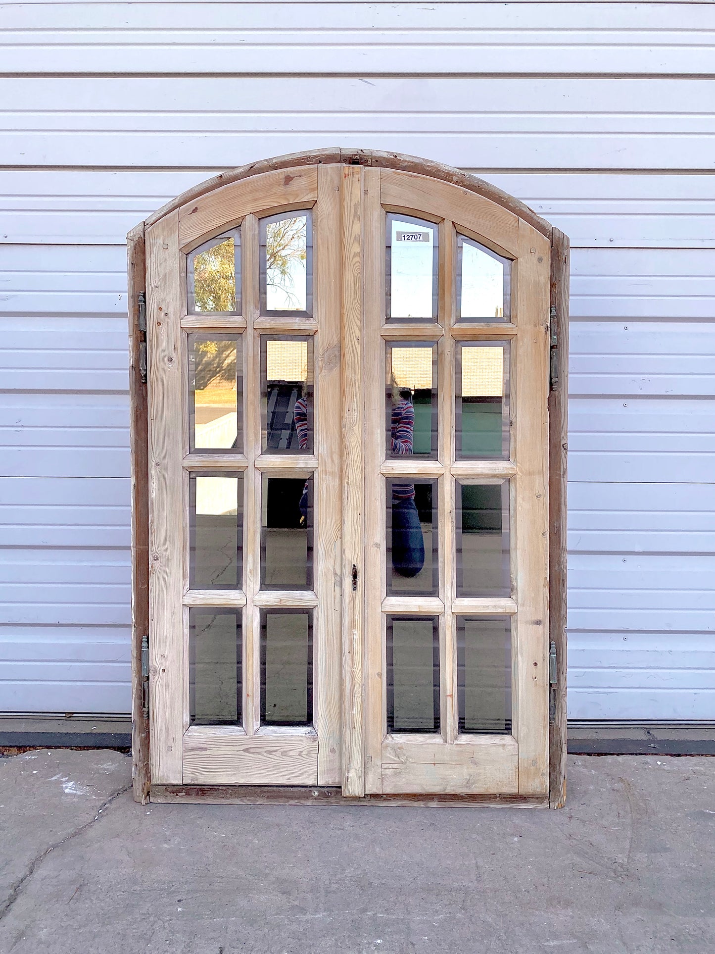 Antique 16 Pane Arched Natural Wood Window & Shutter Set