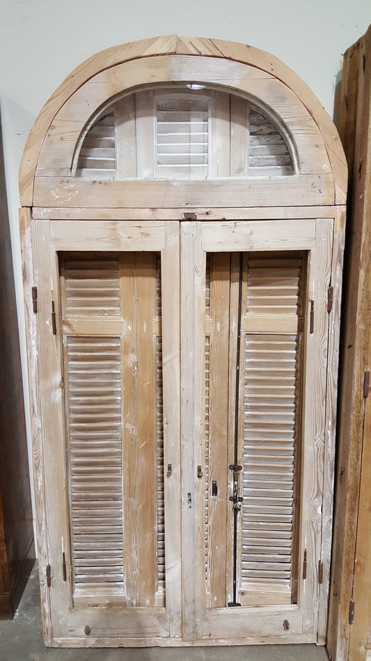 Arched 3 Pane Natural Wood Window, Transom, and Shutter Set (no glass)
