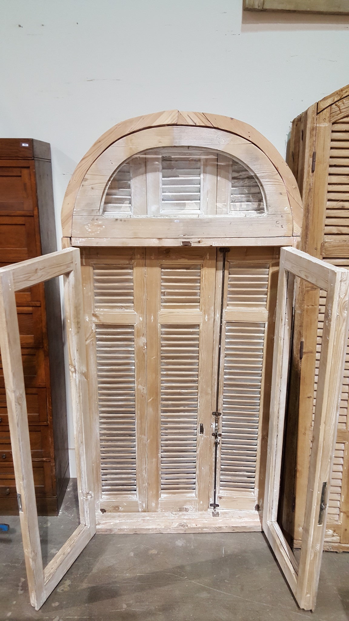 Arched 3 Pane Natural Wood Window, Transom, and Shutter Set