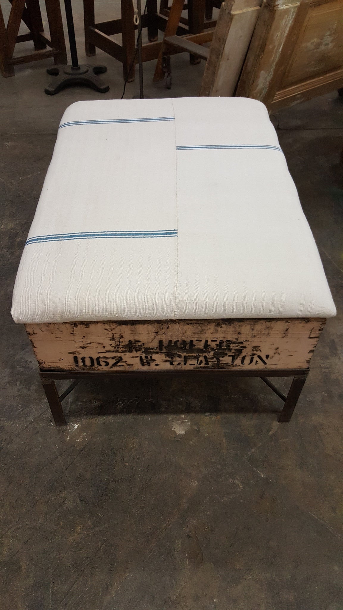 Raisin Box Ottoman with French Grain Sack Top