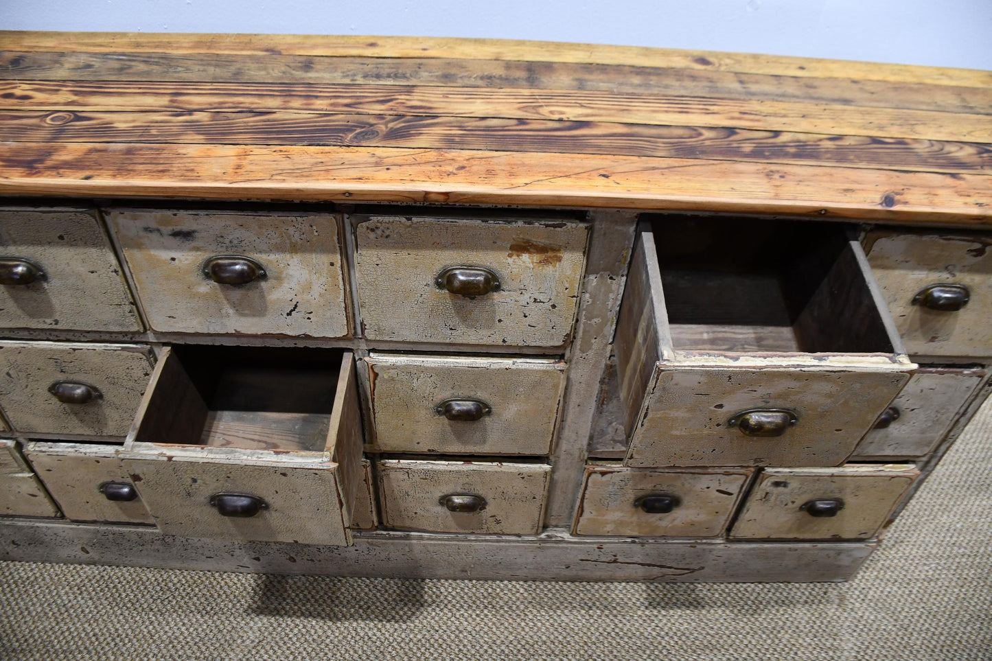 Painted Antique Country Retail Cabinet / Island with 18 Drawers