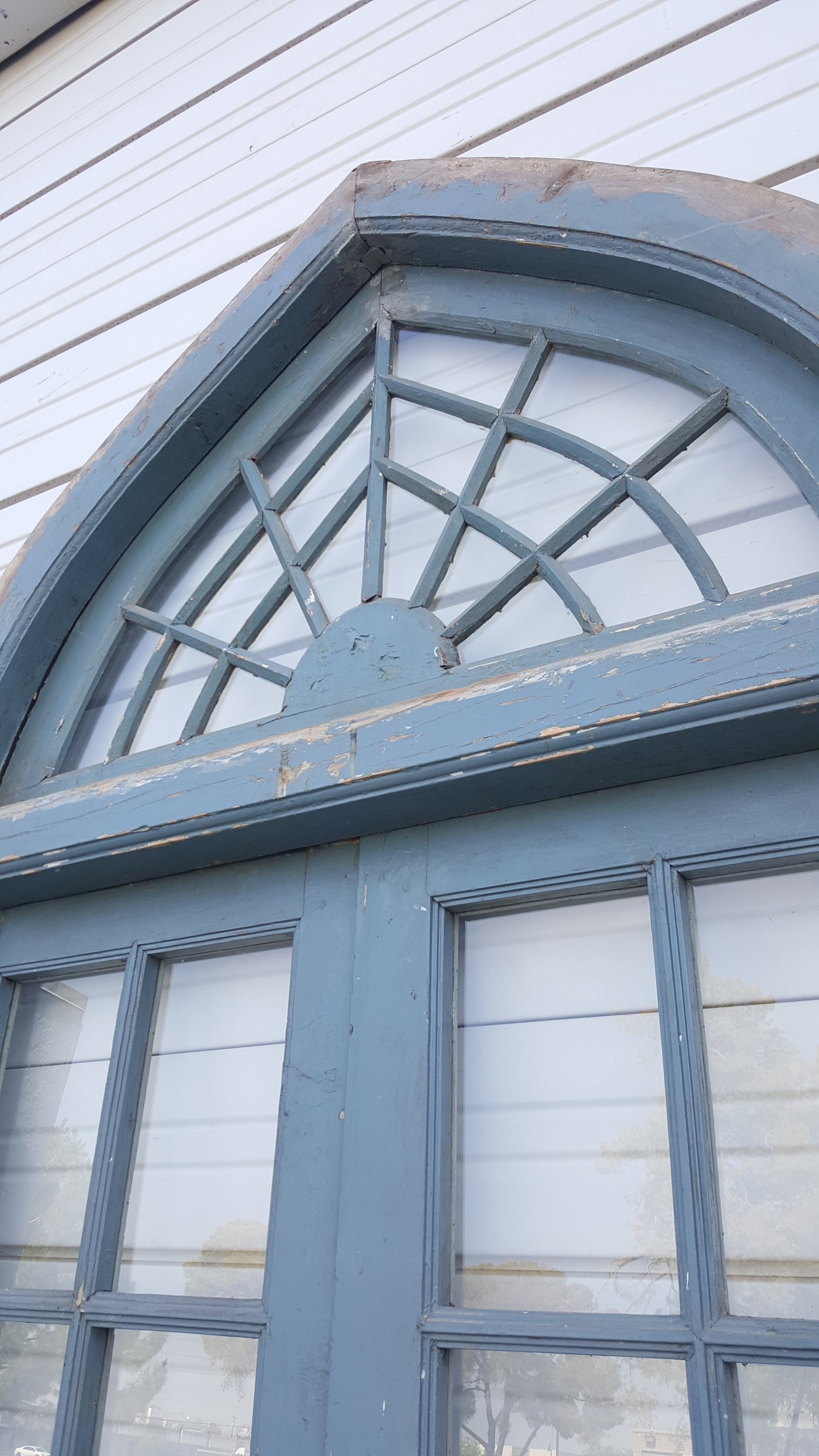 Pair of 2 Panel 6 Lite Blue Antique Doors with Spiderweb Transom